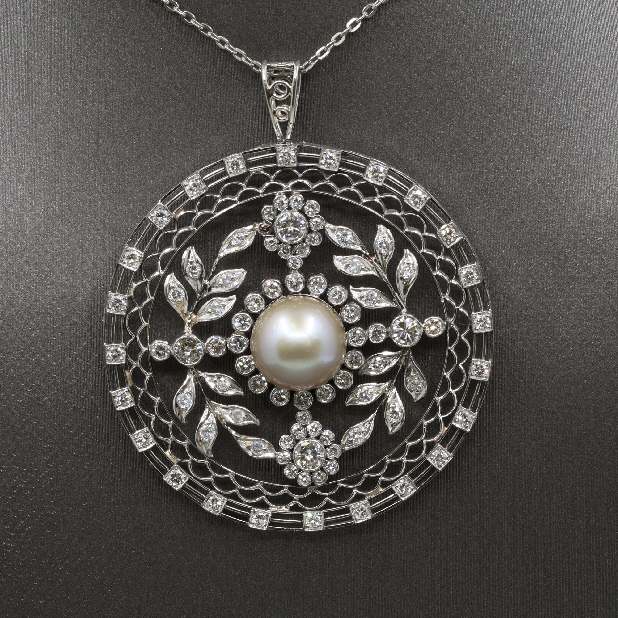 Late Art Deco Pearl and Diamond Medallion Pendant in Platinum