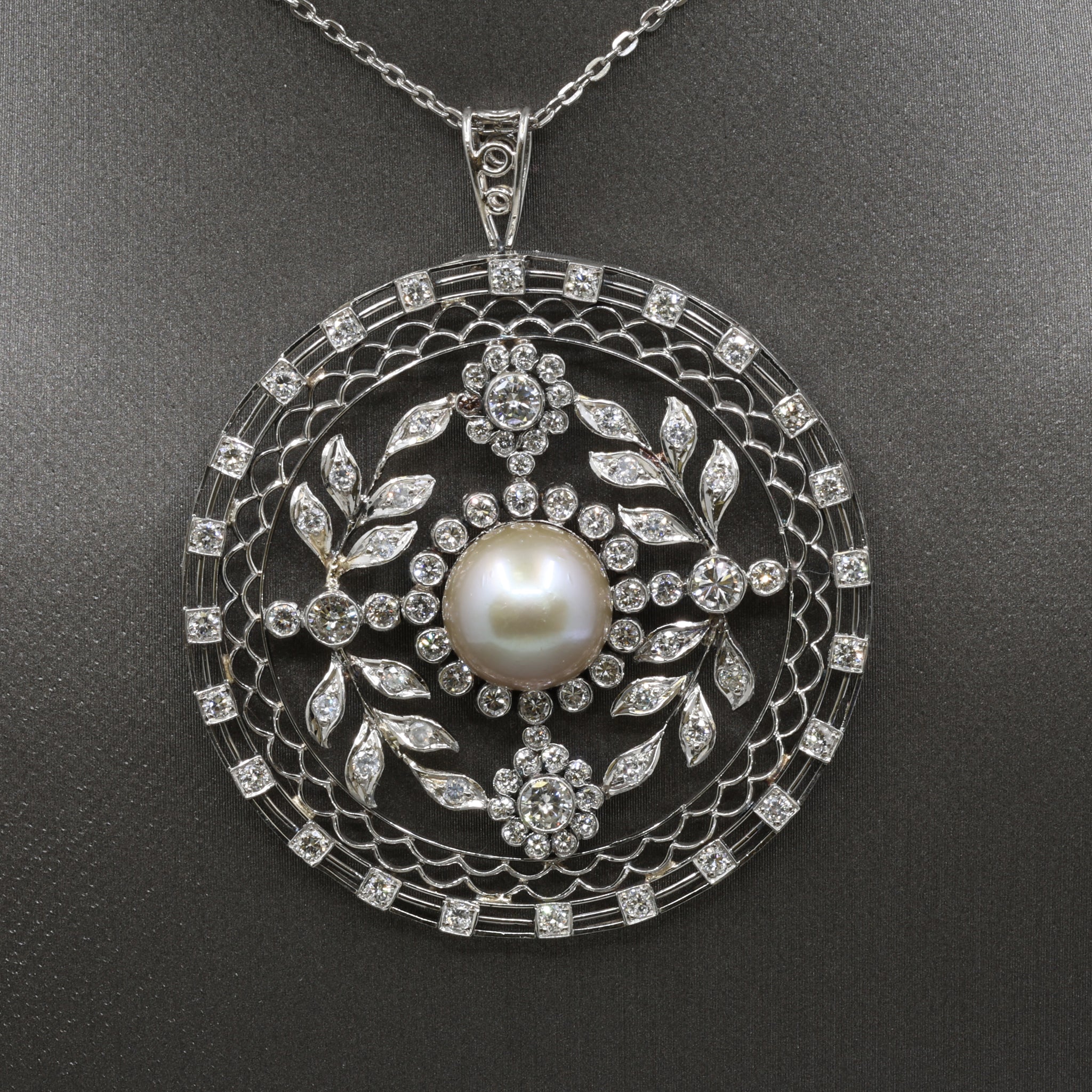 Late Art Deco Pearl and Diamond Medallion Pendant in Platinum