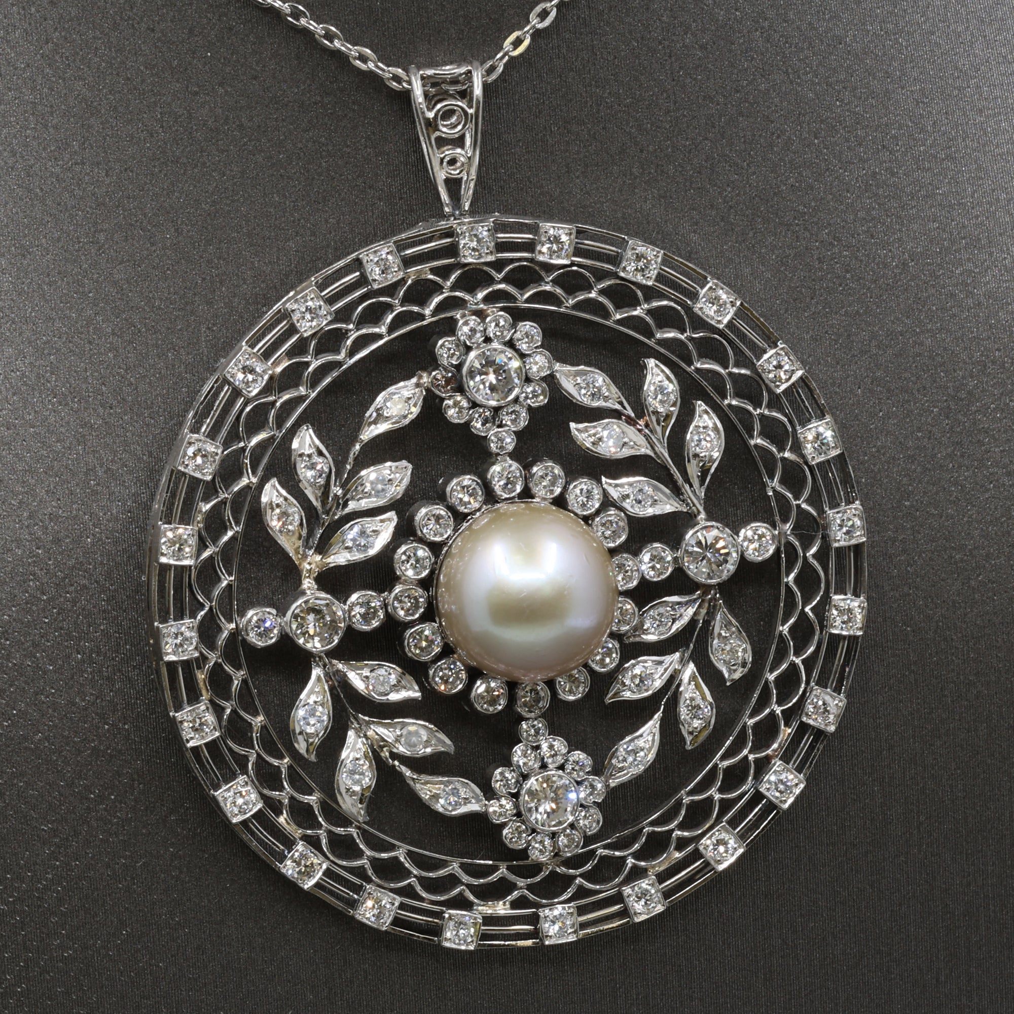 Late Art Deco Pearl and Diamond Medallion Pendant in Platinum