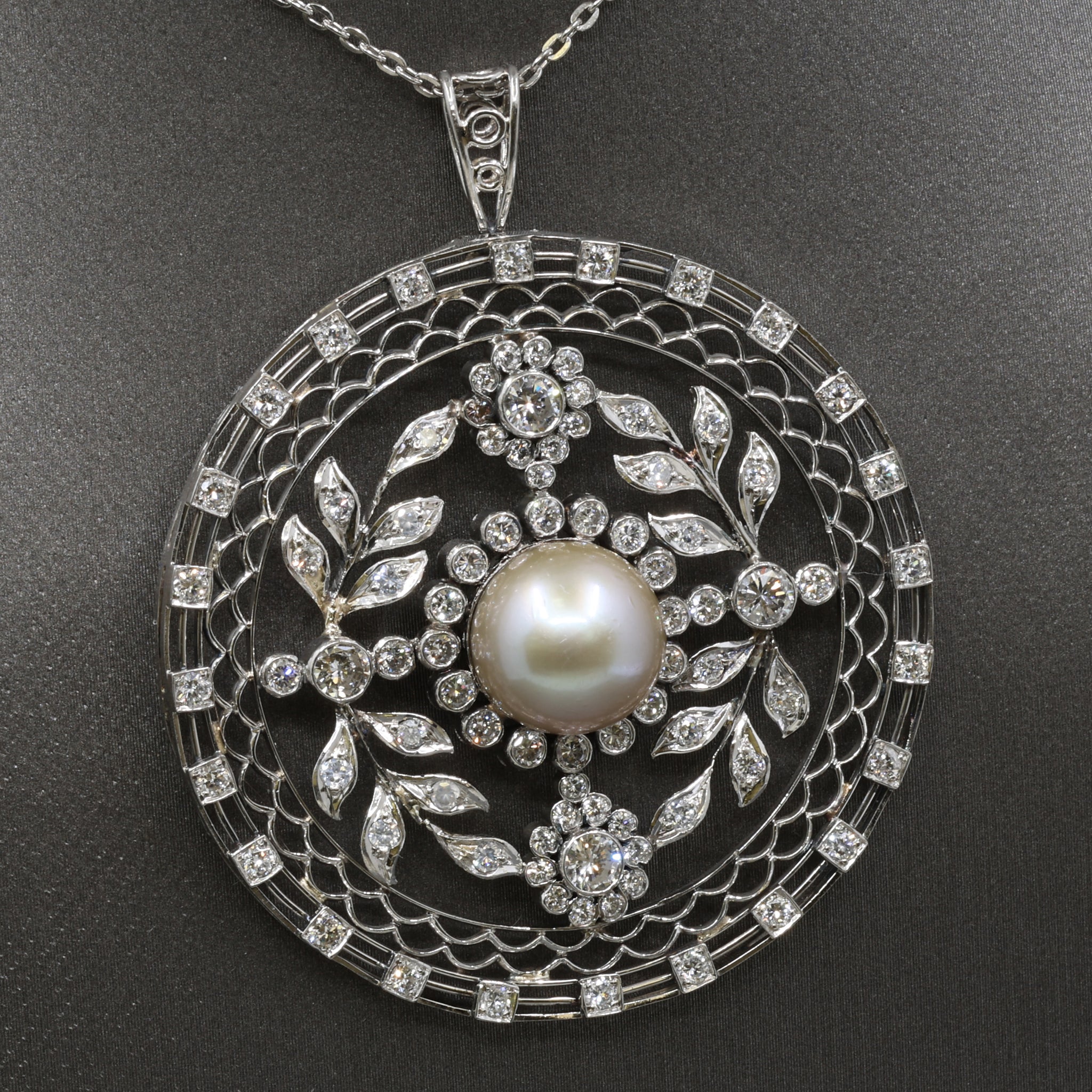 Late Art Deco Pearl and Diamond Medallion Pendant in Platinum