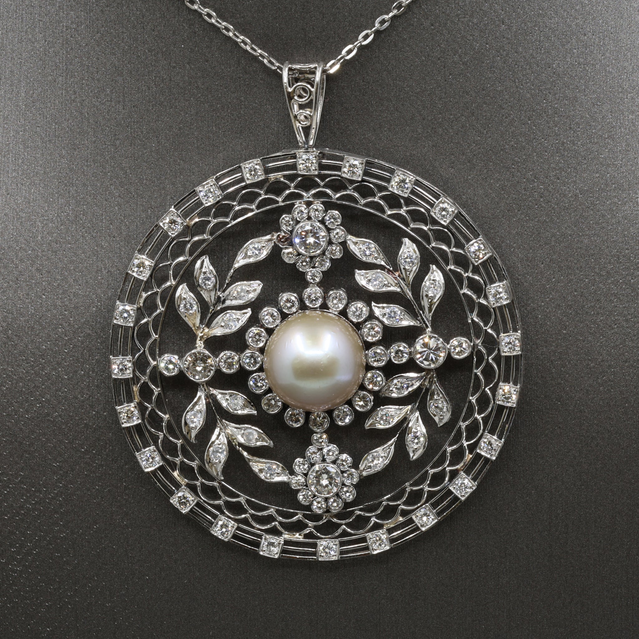 Late Art Deco Pearl and Diamond Medallion Pendant in Platinum