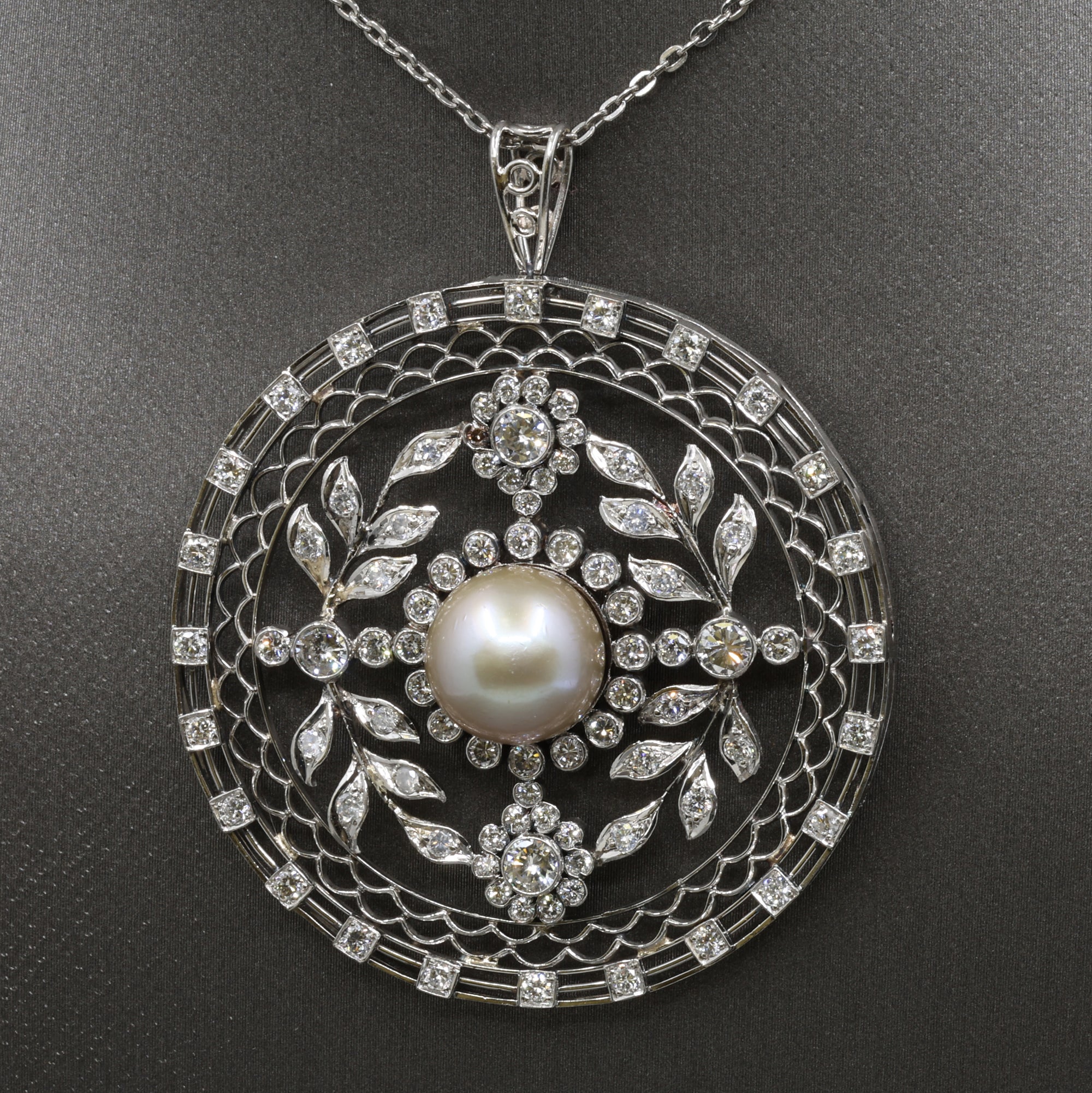 Late Art Deco Pearl and Diamond Medallion Pendant in Platinum