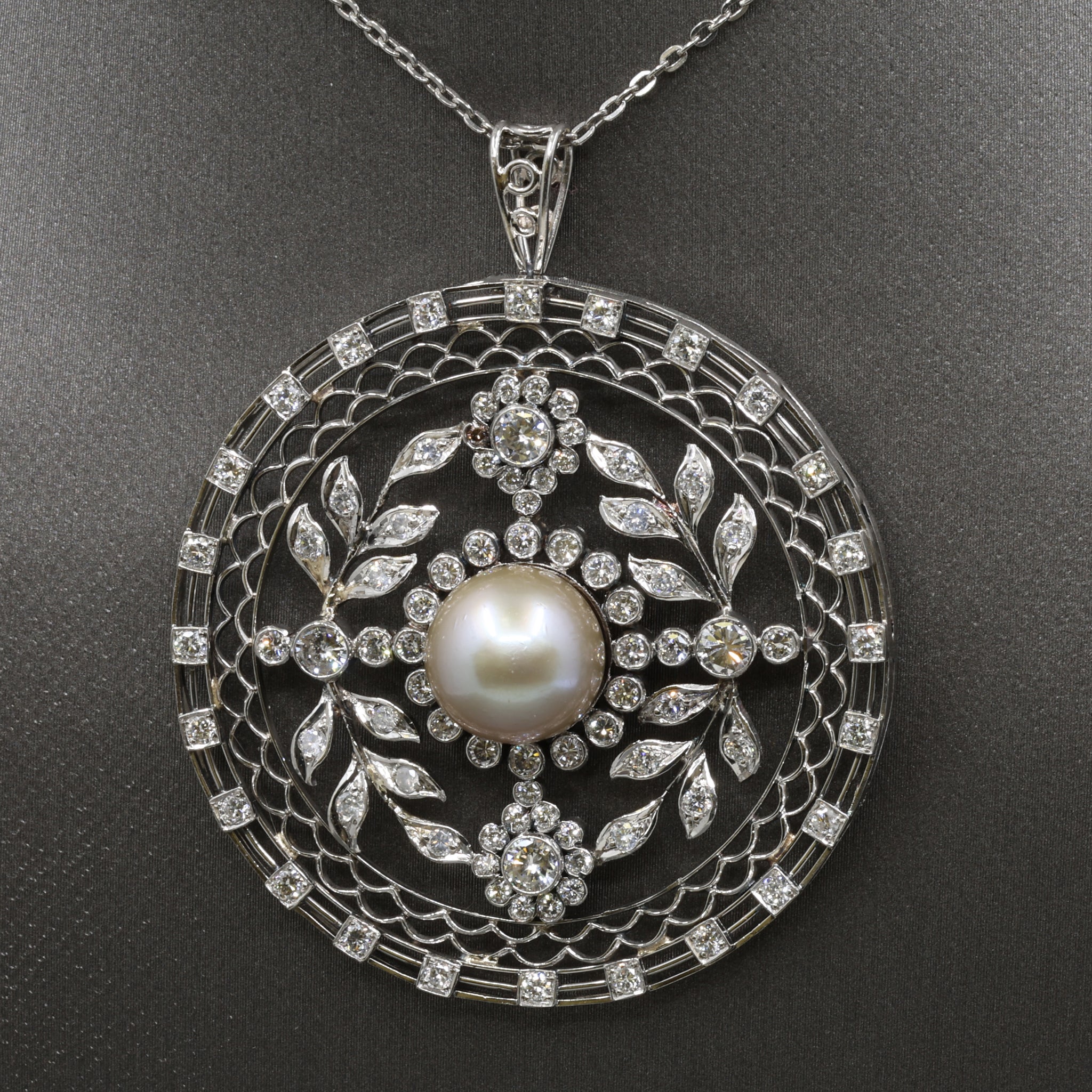 Late Art Deco Pearl and Diamond Medallion Pendant in Platinum