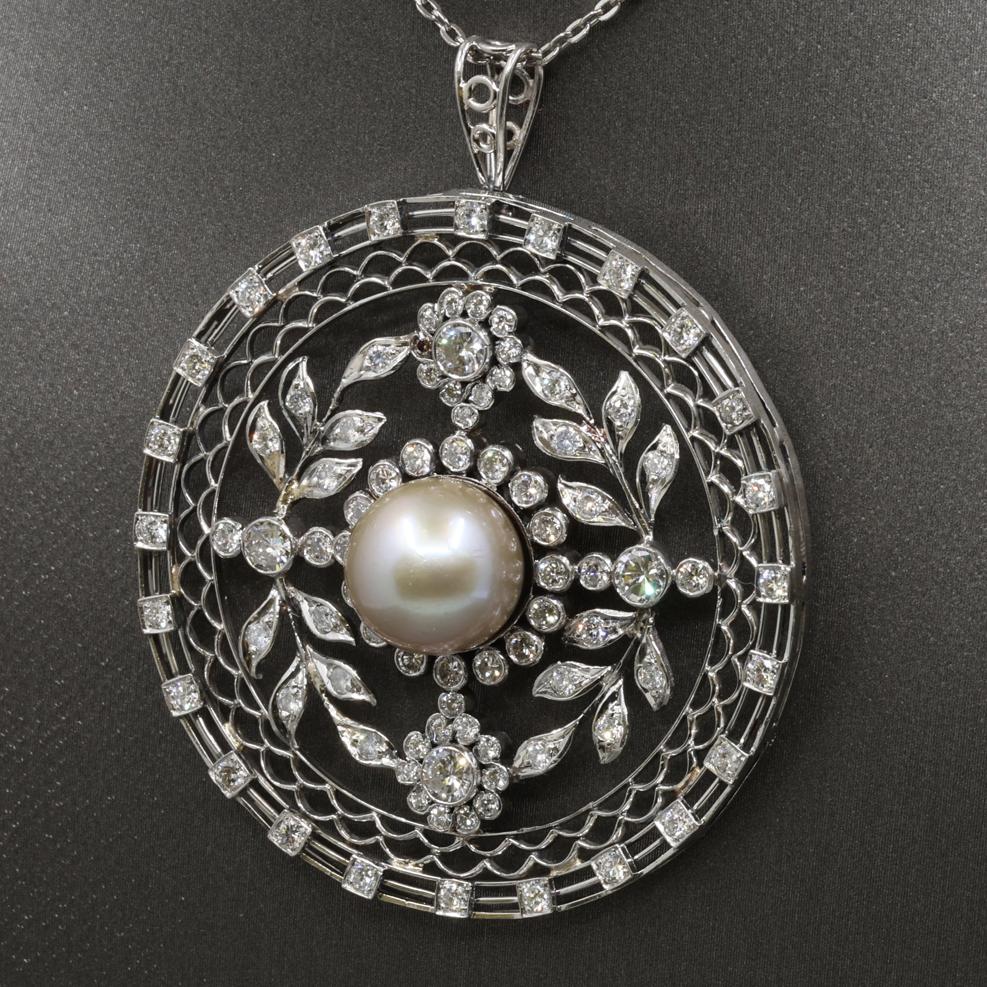 Late Art Deco Pearl and Diamond Medallion Pendant in Platinum