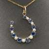 Victorian Montana Yogo Sapphire & Pearl Horseshoe Pendant in 14k Yellow Gold