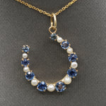 Victorian Montana Yogo Sapphire & Pearl Horseshoe Pendant in 14k Yellow Gold