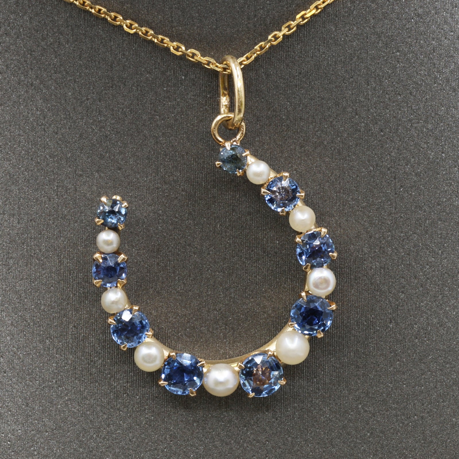 Victorian Montana Yogo Sapphire & Pearl Horseshoe Pendant in 14k Yellow Gold