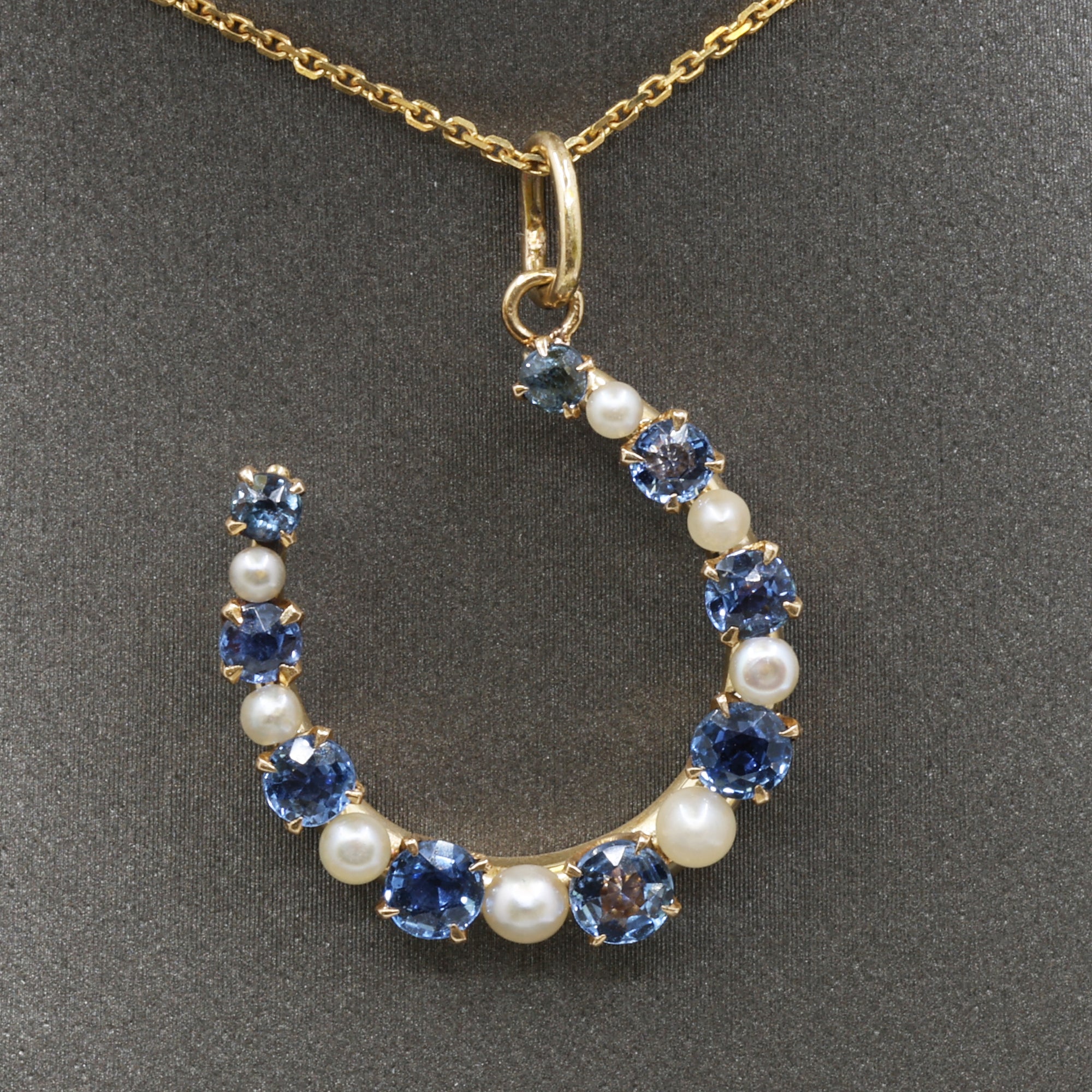 Victorian Montana Yogo Sapphire & Pearl Horseshoe Pendant in 14k Yellow Gold