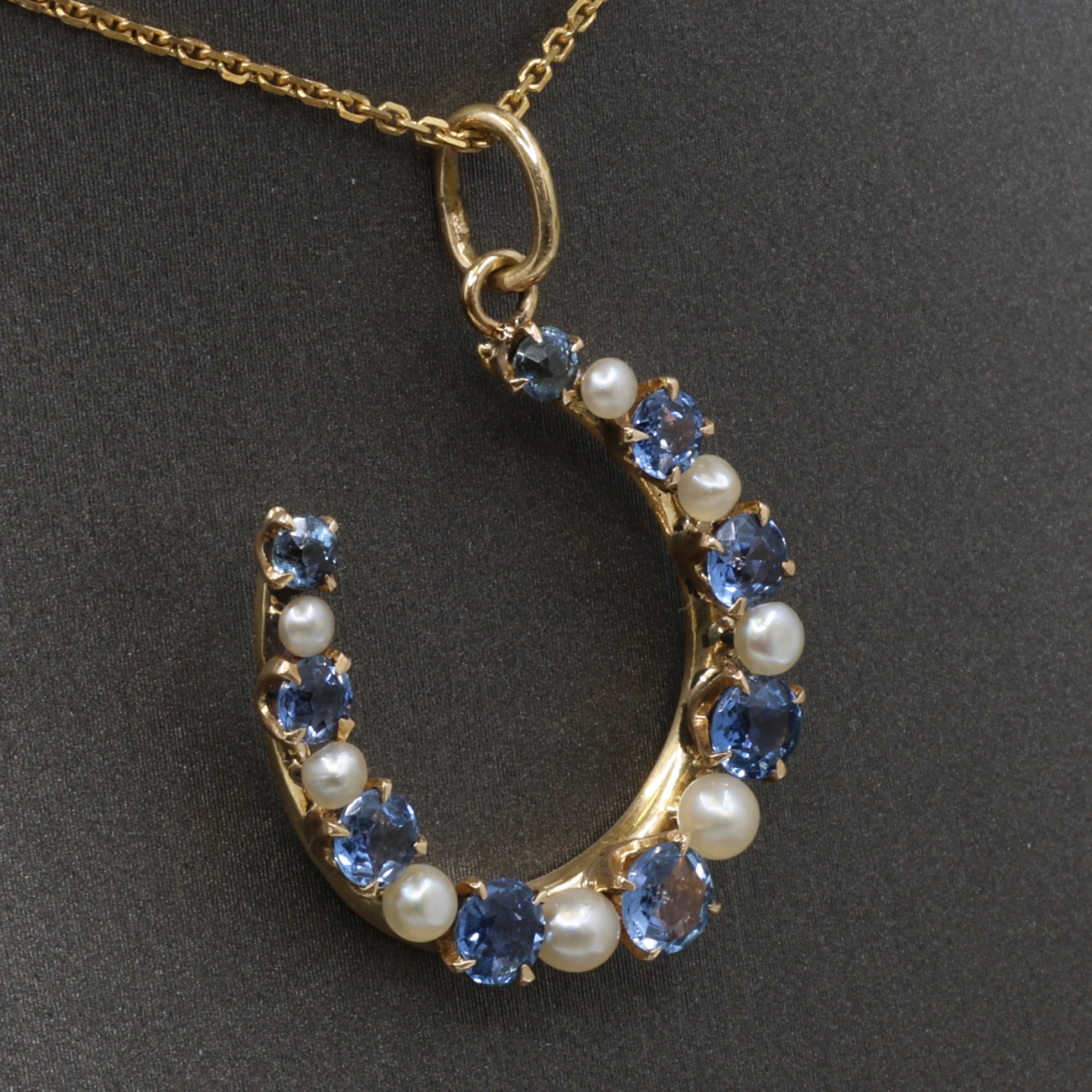 Victorian Montana Yogo Sapphire & Pearl Horseshoe Pendant in 14k Yellow Gold