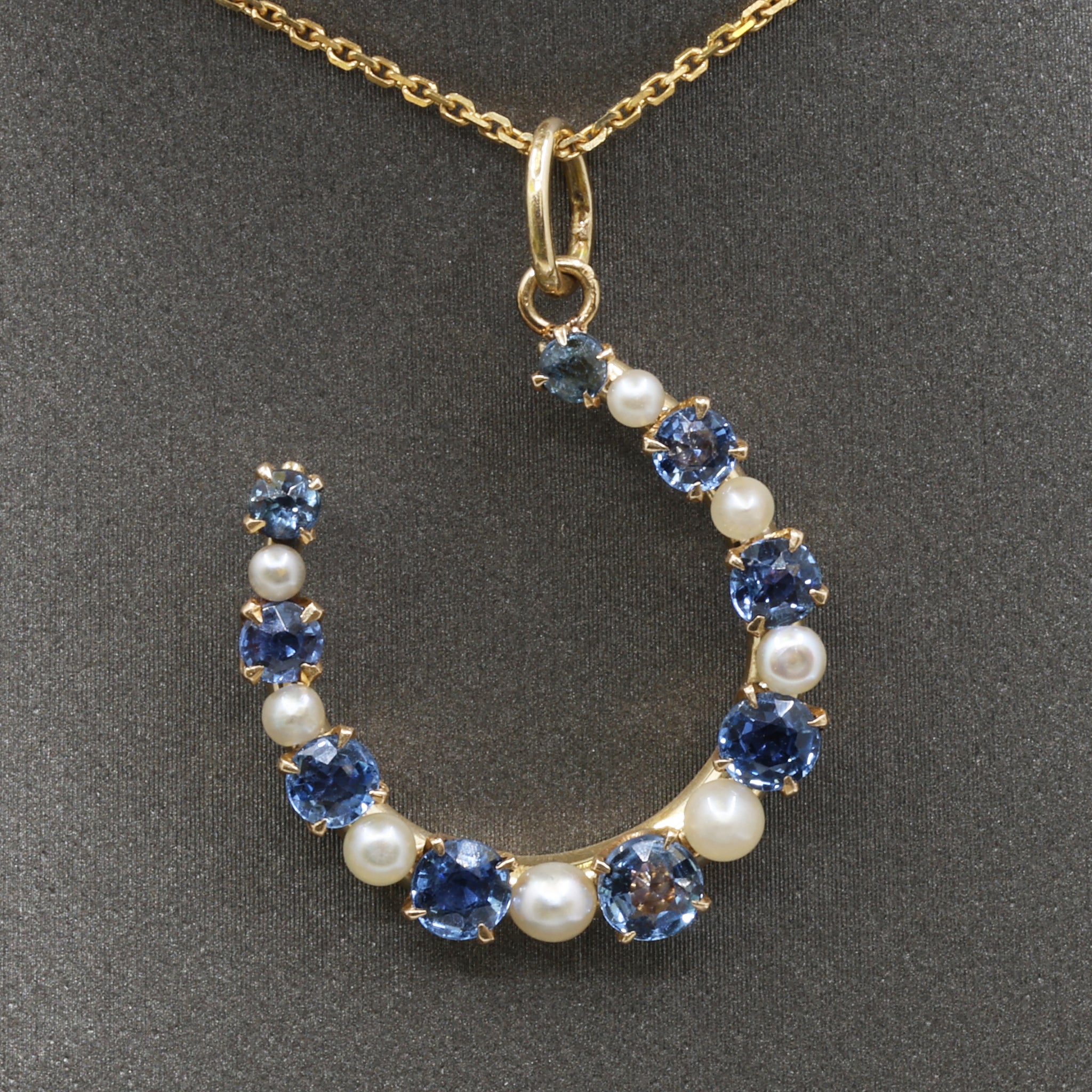 Victorian Montana Yogo Sapphire & Pearl Horseshoe Pendant in 14k Yellow Gold