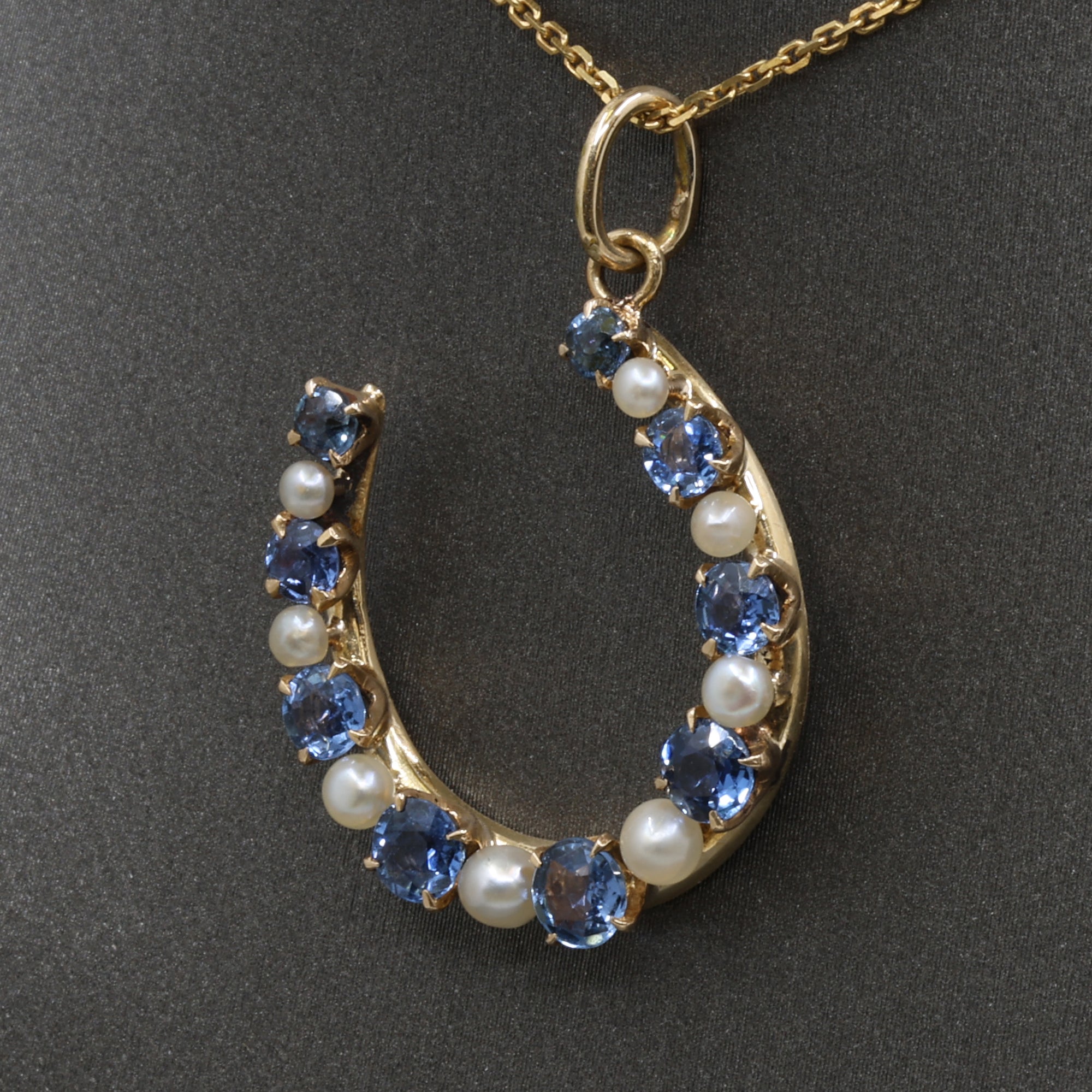 Victorian Montana Yogo Sapphire & Pearl Horseshoe Pendant in 14k Yellow Gold