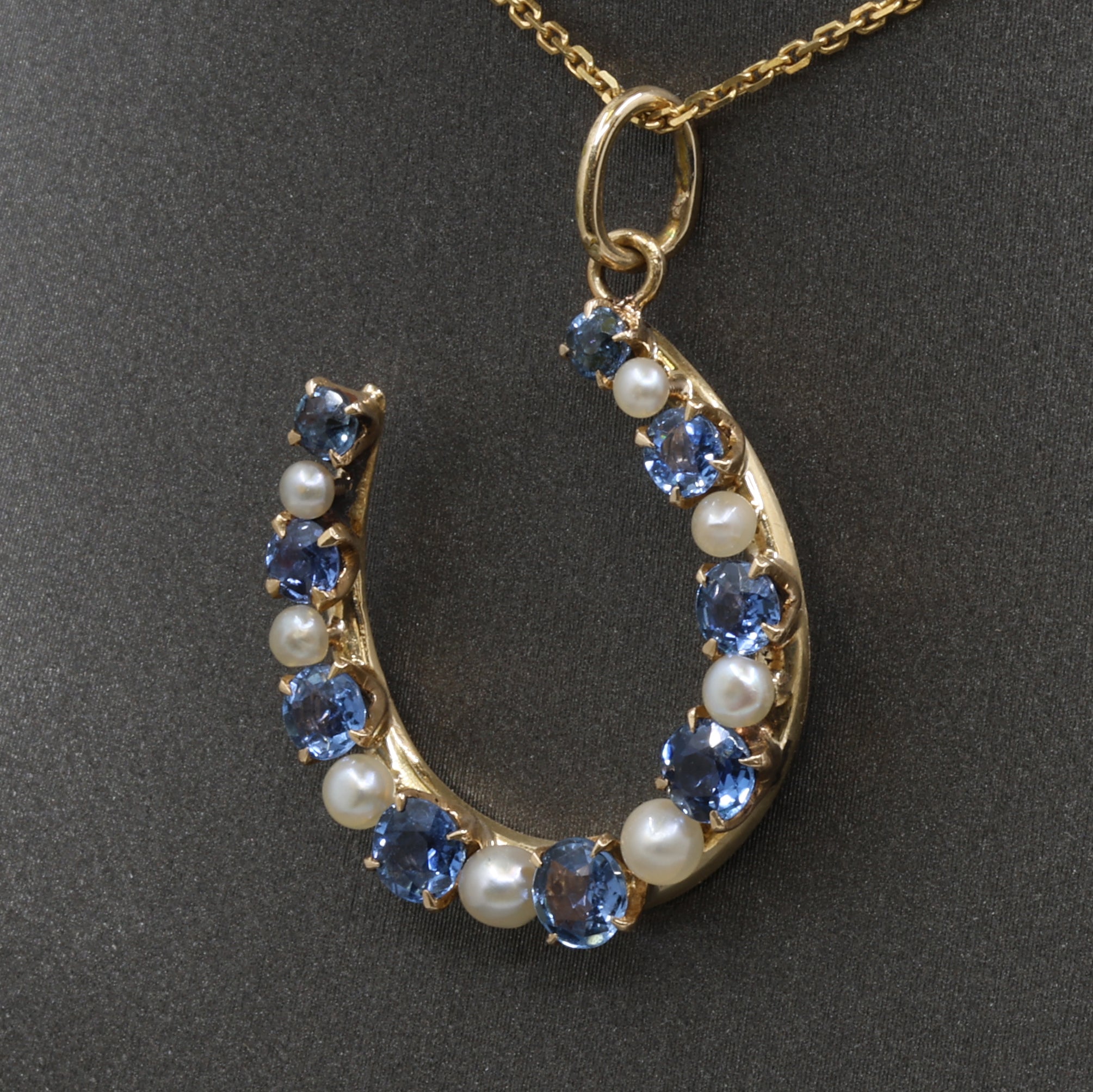 Victorian Montana Yogo Sapphire & Pearl Horseshoe Pendant in 14k Yellow Gold
