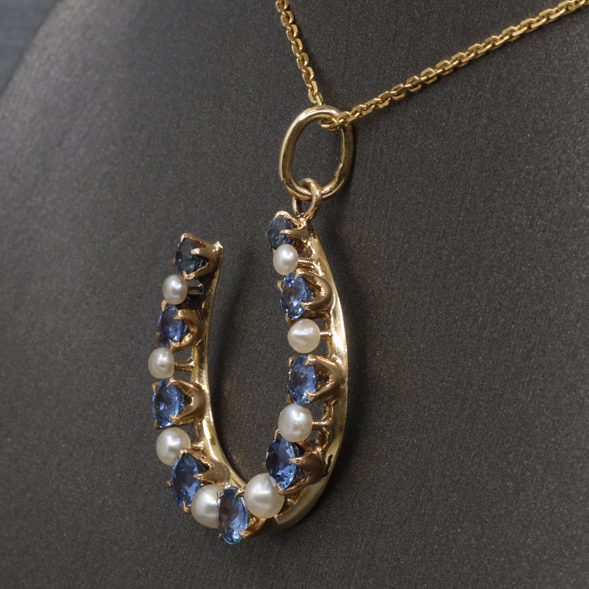 Victorian Montana Yogo Sapphire & Pearl Horseshoe Pendant in 14k Yellow Gold