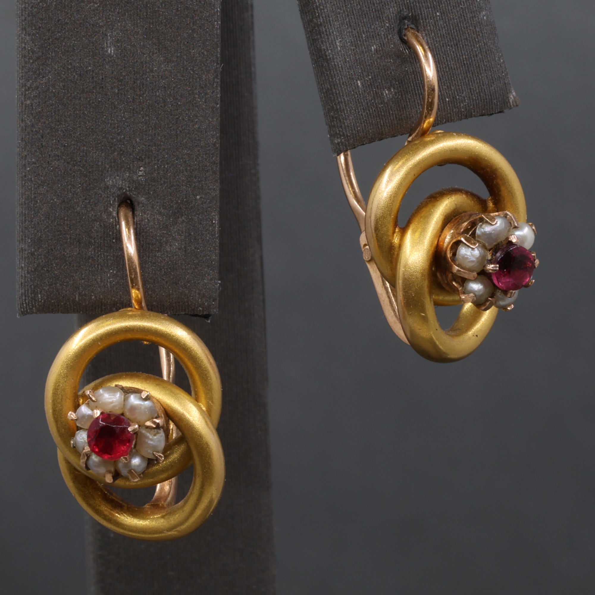Sweet Victorian Ruby and Pearl Love Knot Earrings in 14k Yellow Gold