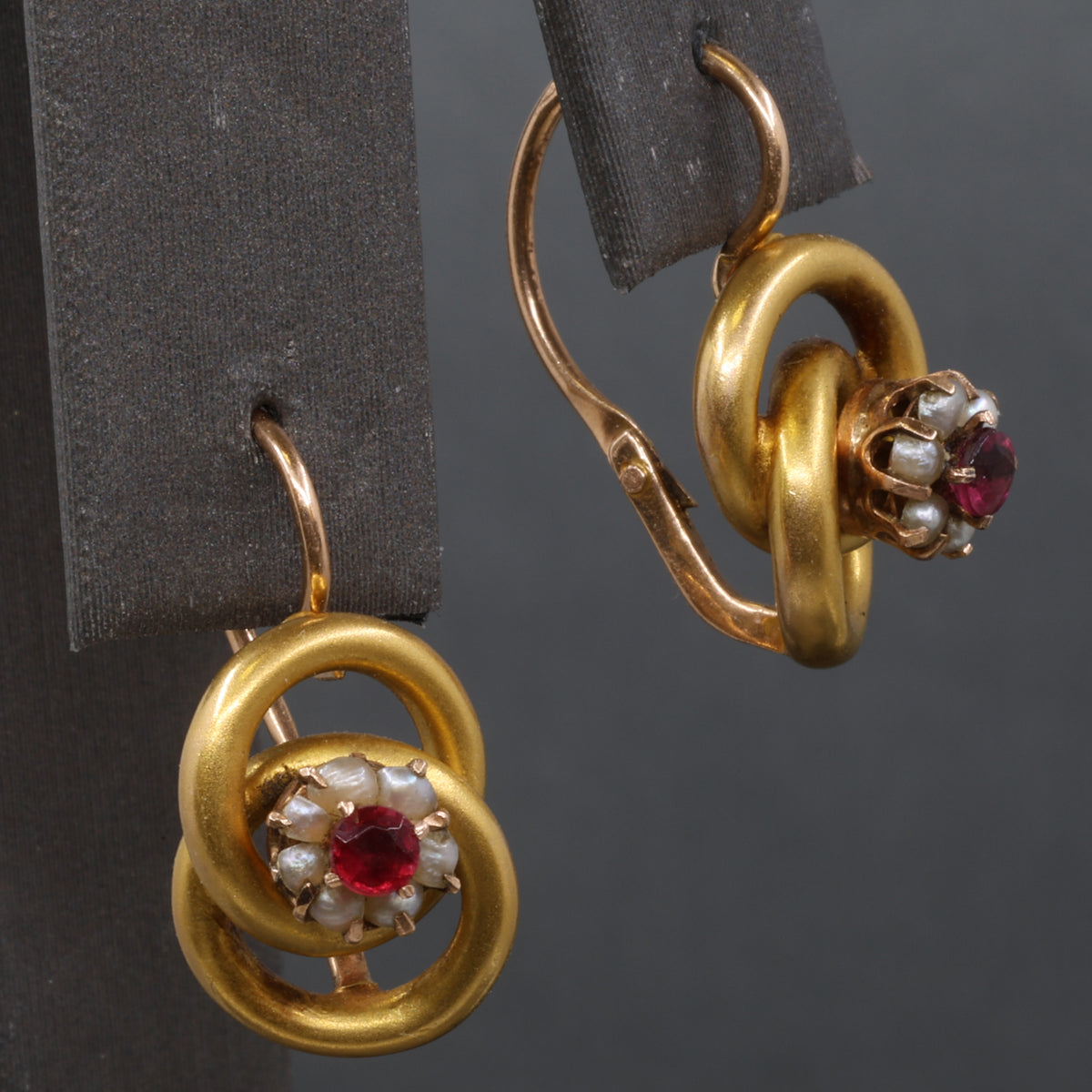 Sweet Victorian Ruby and Pearl Love Knot Earrings in 14k Yellow Gold