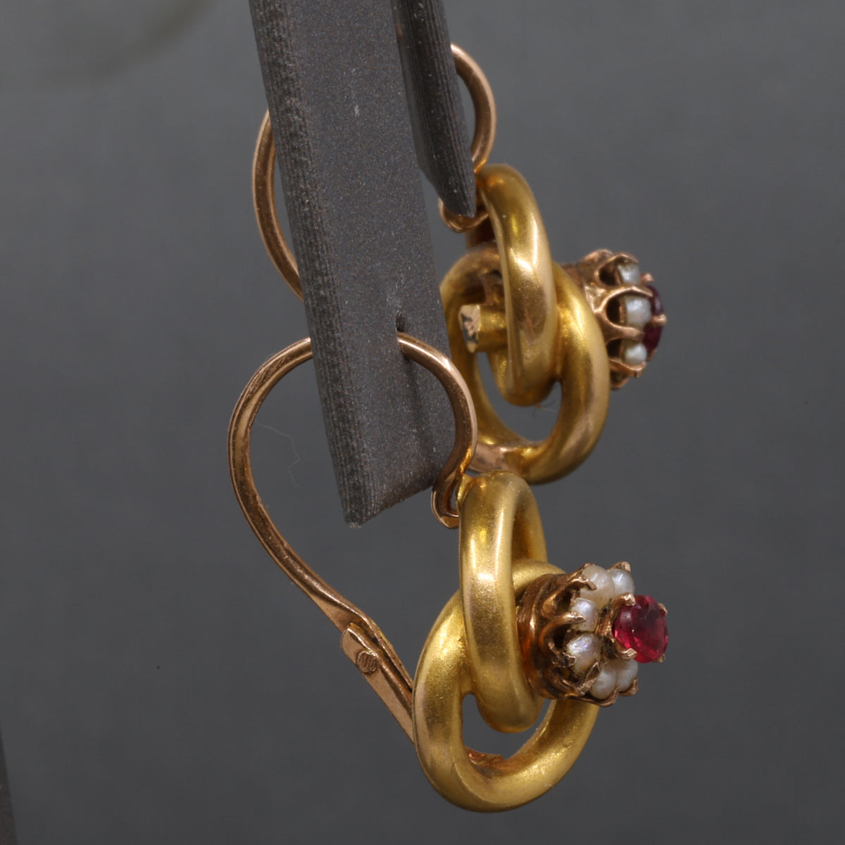 Sweet Victorian Ruby and Pearl Love Knot Earrings in 14k Yellow Gold