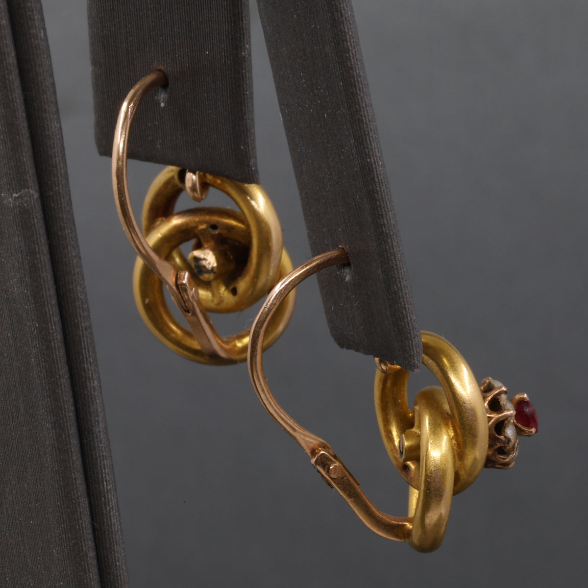 Sweet Victorian Ruby and Pearl Love Knot Earrings in 14k Yellow Gold