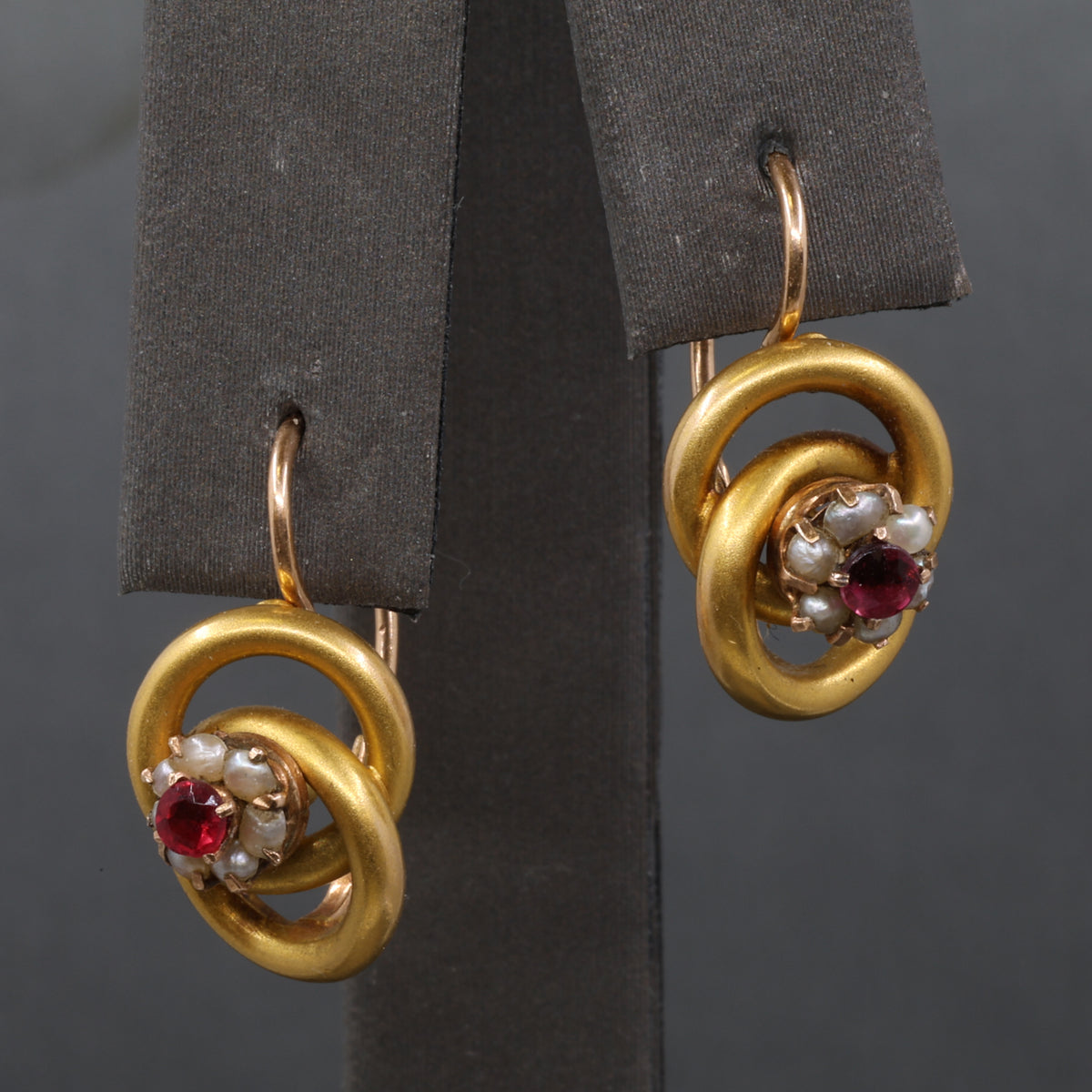 Sweet Victorian Ruby and Pearl Love Knot Earrings in 14k Yellow Gold