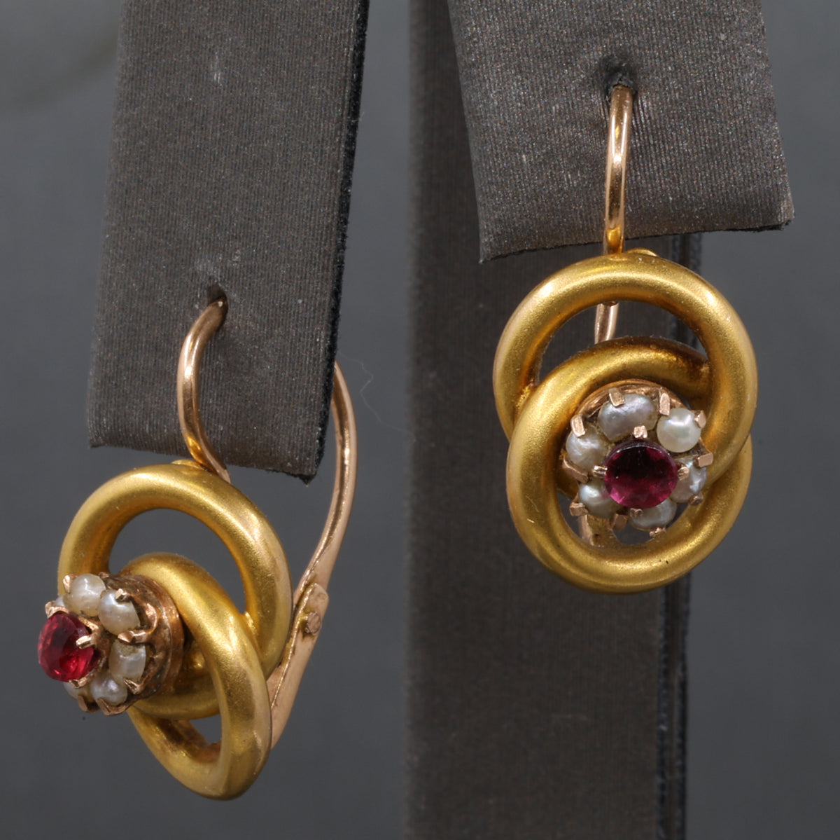 Sweet Victorian Ruby and Pearl Love Knot Earrings in 14k Yellow Gold