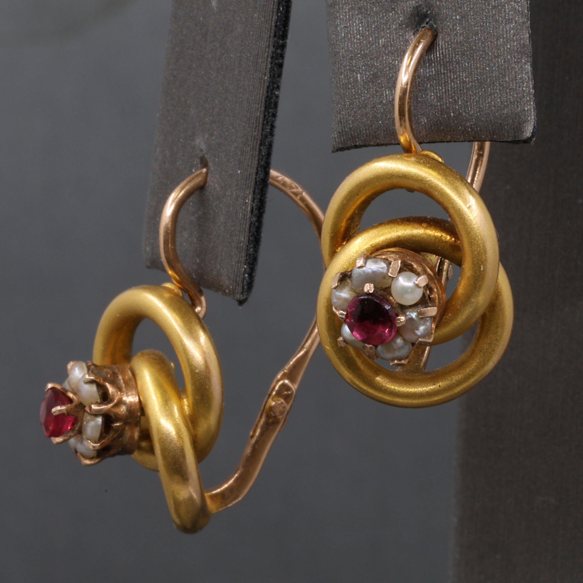 Sweet Victorian Ruby and Pearl Love Knot Earrings in 14k Yellow Gold