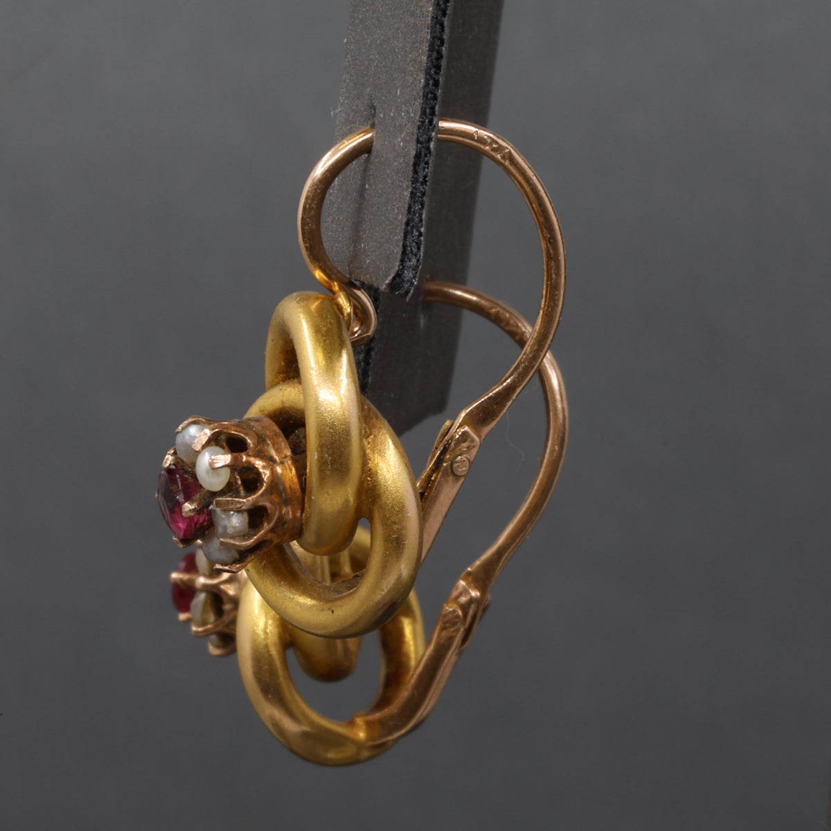 Sweet Victorian Ruby and Pearl Love Knot Earrings in 14k Yellow Gold