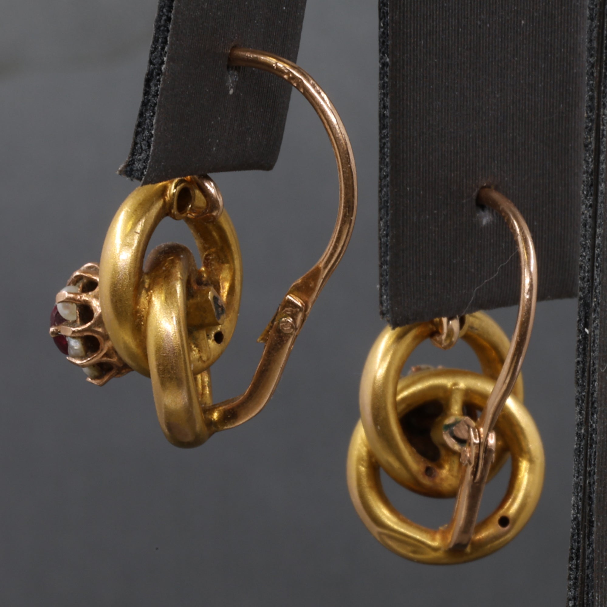 Sweet Victorian Ruby and Pearl Love Knot Earrings in 14k Yellow Gold
