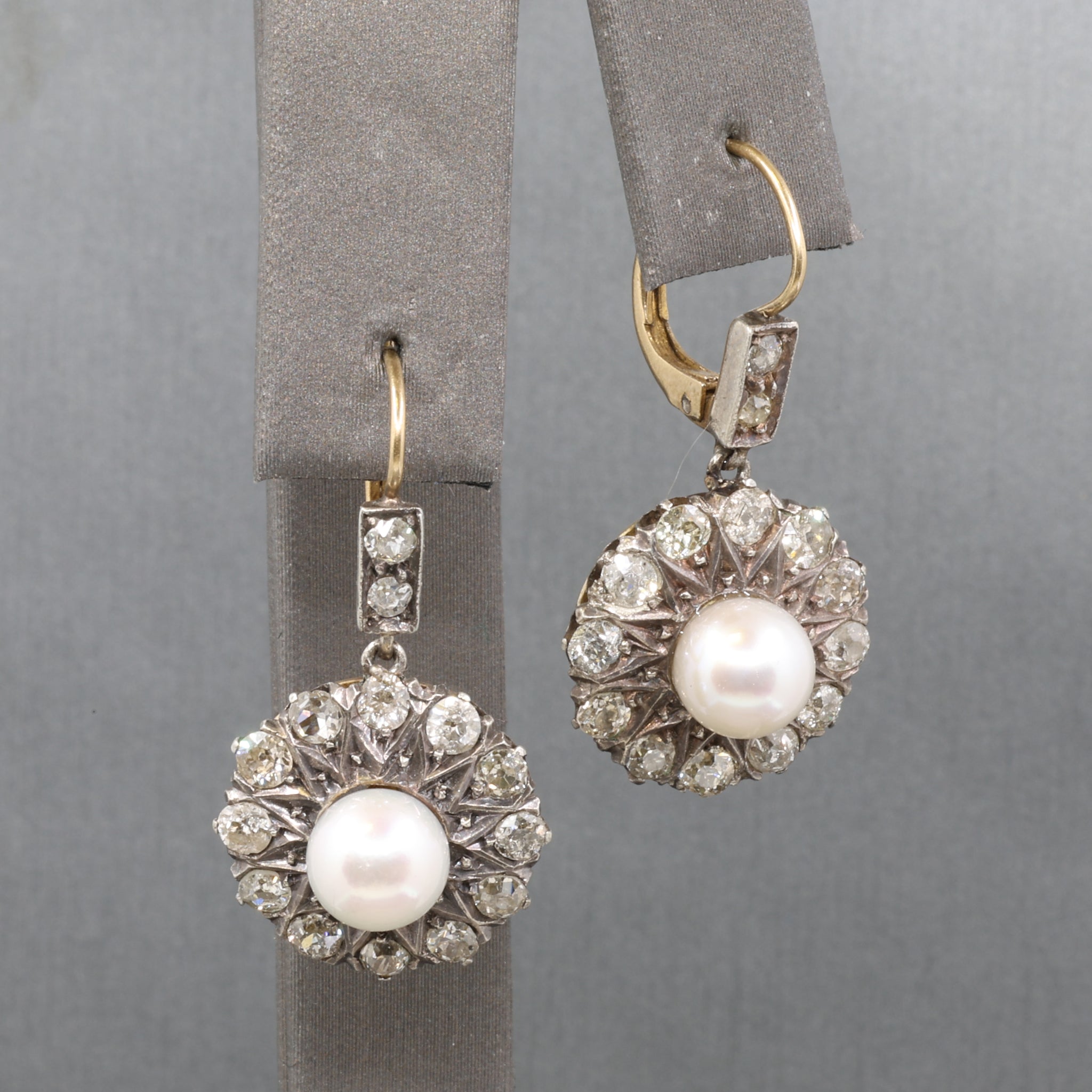 Edwardian Pearl and Old Cut Diamond Dangle Earrings in 18k and Platinum