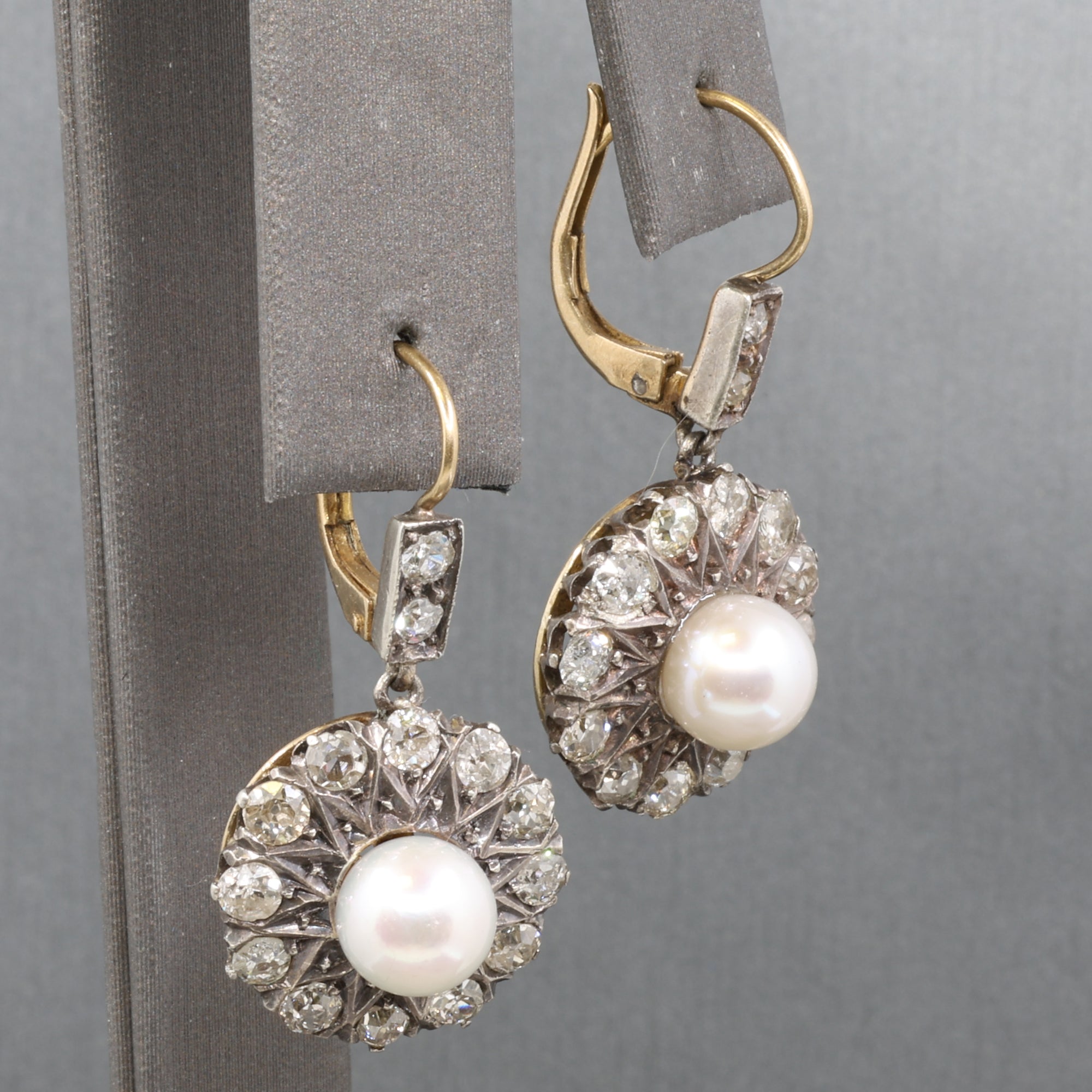 Edwardian Pearl and Old Cut Diamond Dangle Earrings in 18k and Platinum