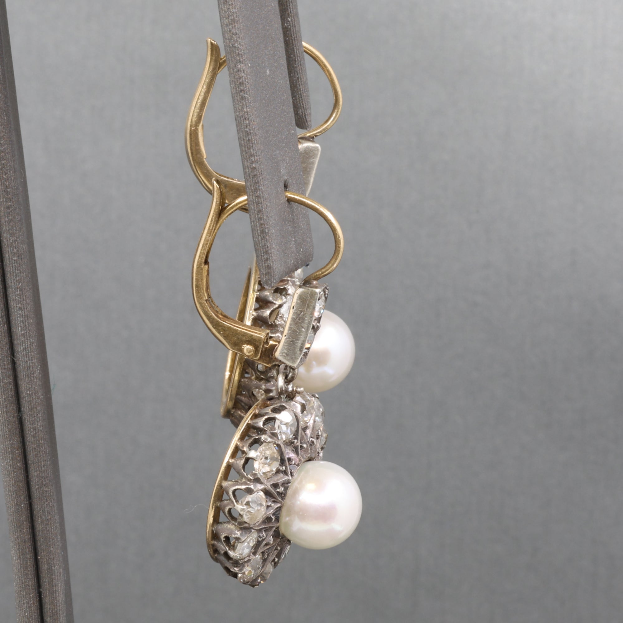 Edwardian Pearl and Old Cut Diamond Dangle Earrings in 18k and Platinum
