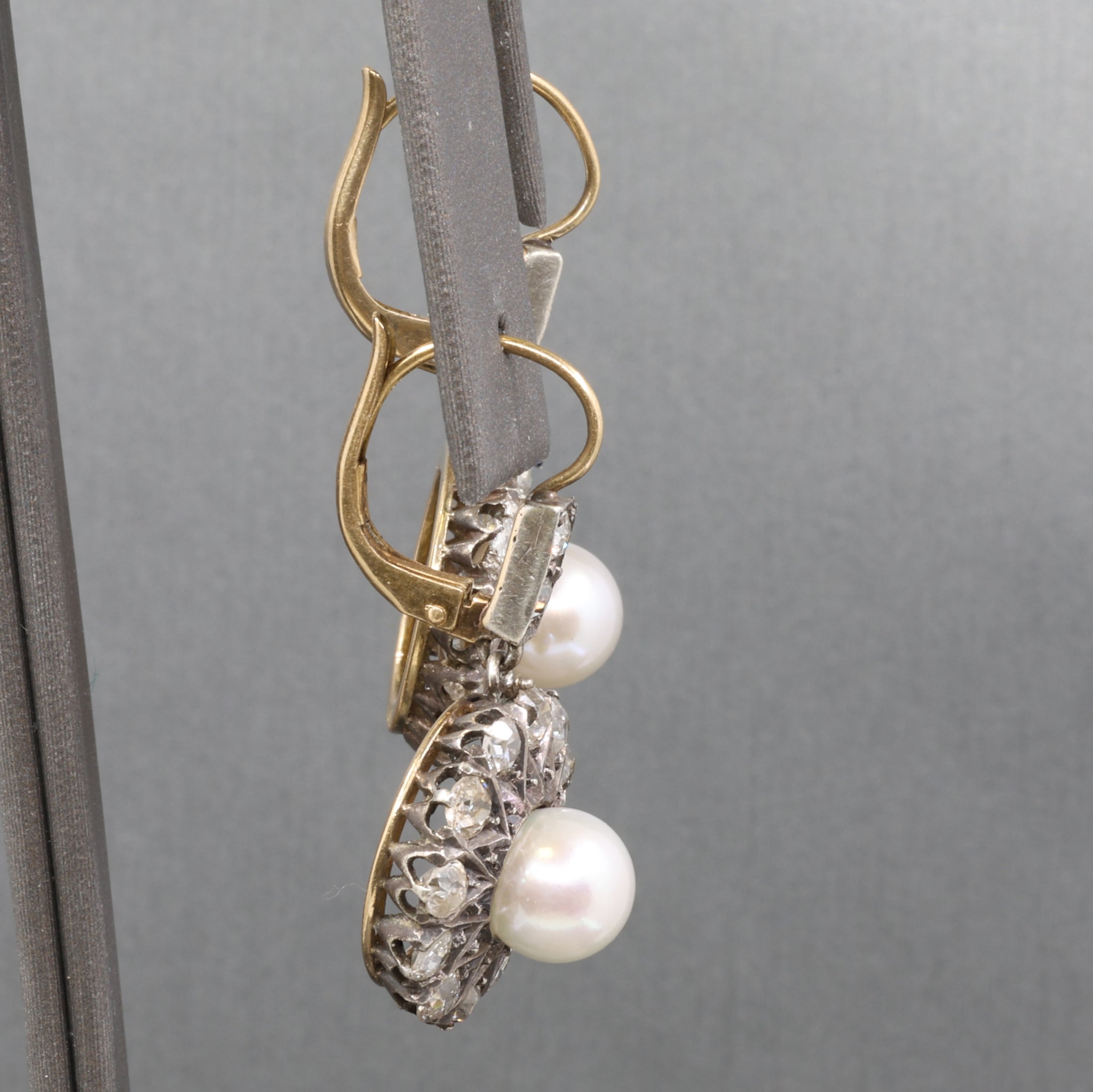 Edwardian Pearl and Old Cut Diamond Dangle Earrings in 18k and Platinum