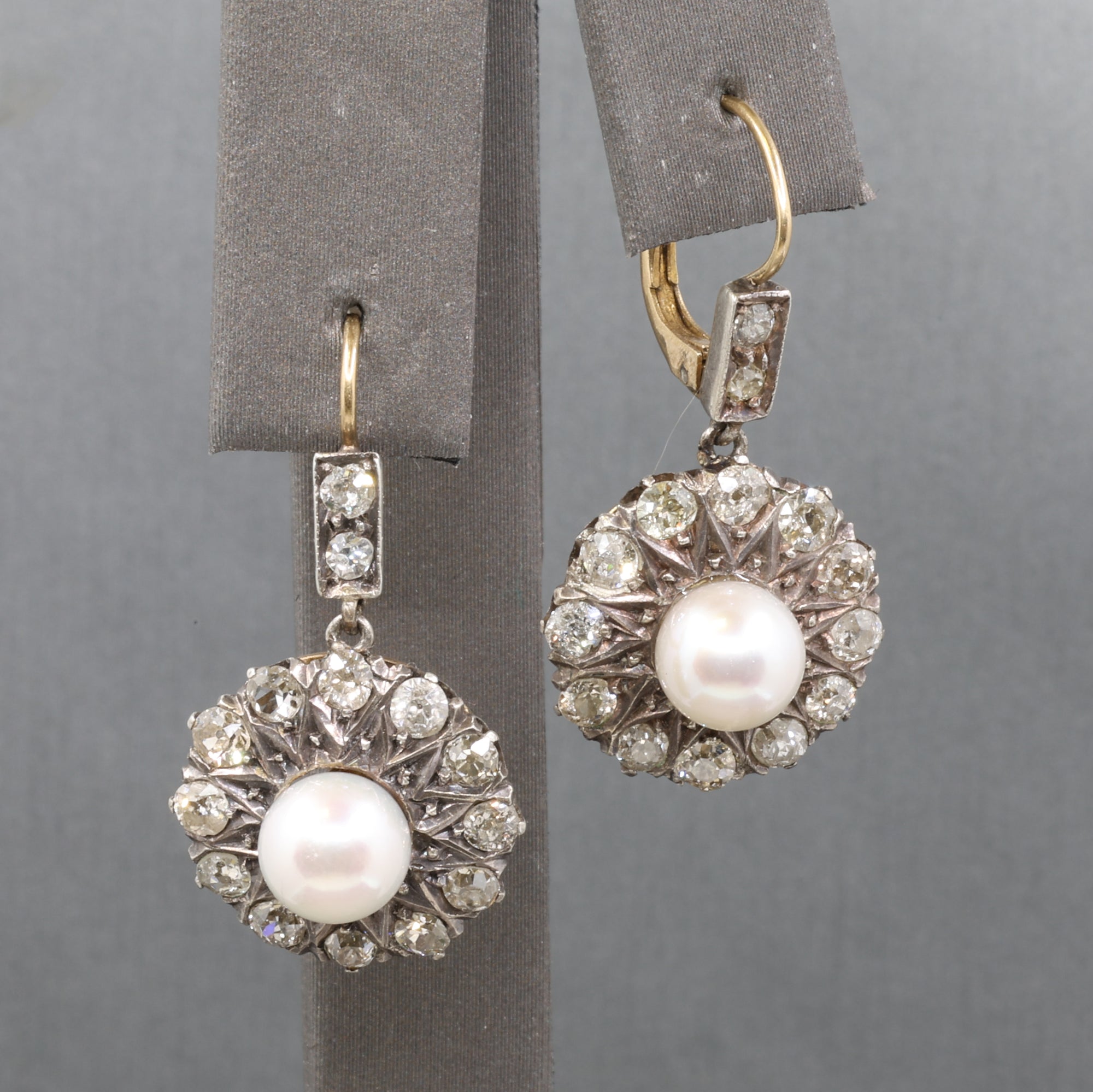 Edwardian Pearl and Old Cut Diamond Dangle Earrings in 18k and Platinum