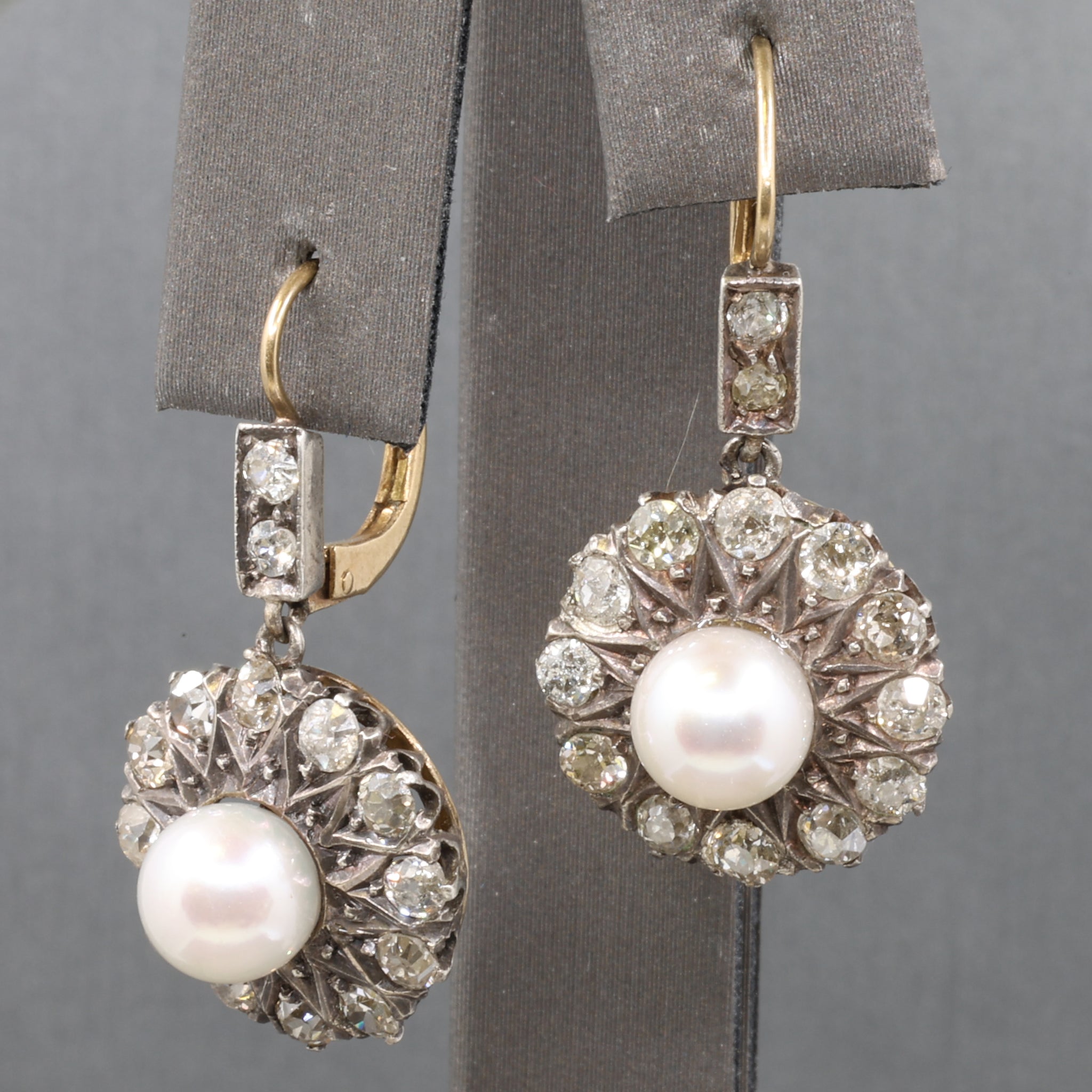 Edwardian Pearl and Old Cut Diamond Dangle Earrings in 18k and Platinum