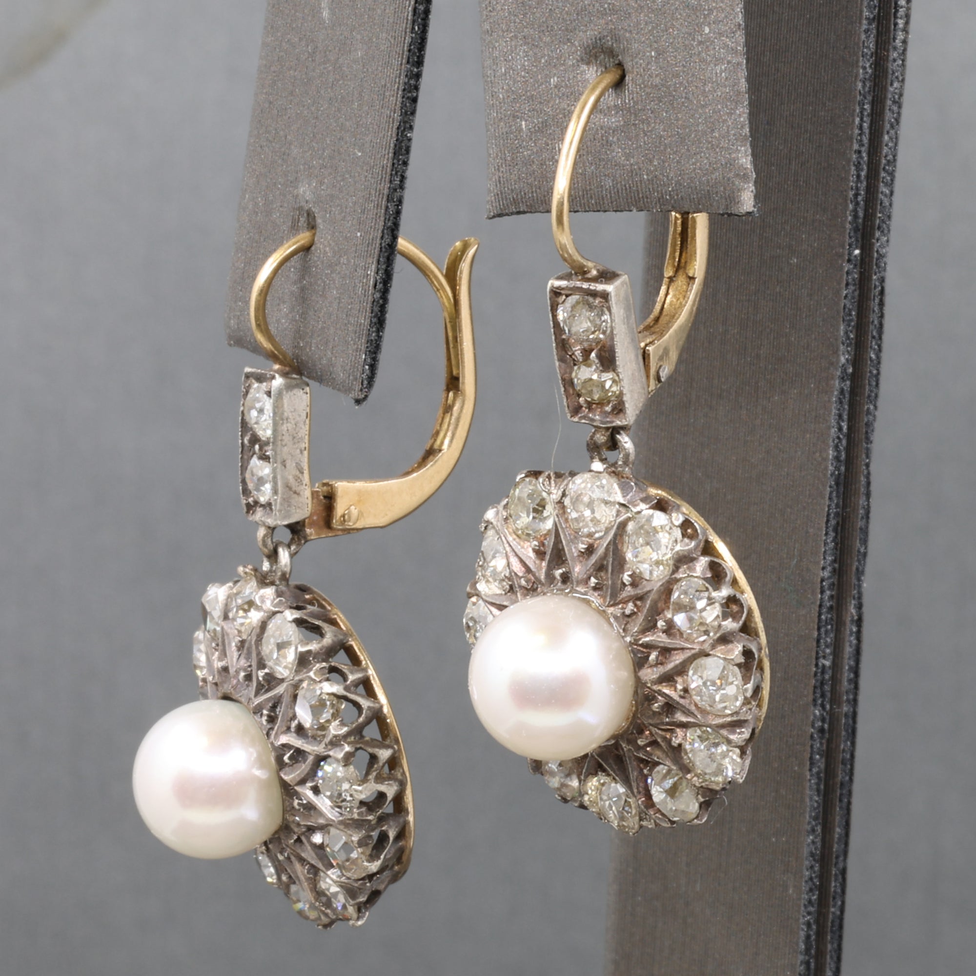 Edwardian Pearl and Old Cut Diamond Dangle Earrings in 18k and Platinum
