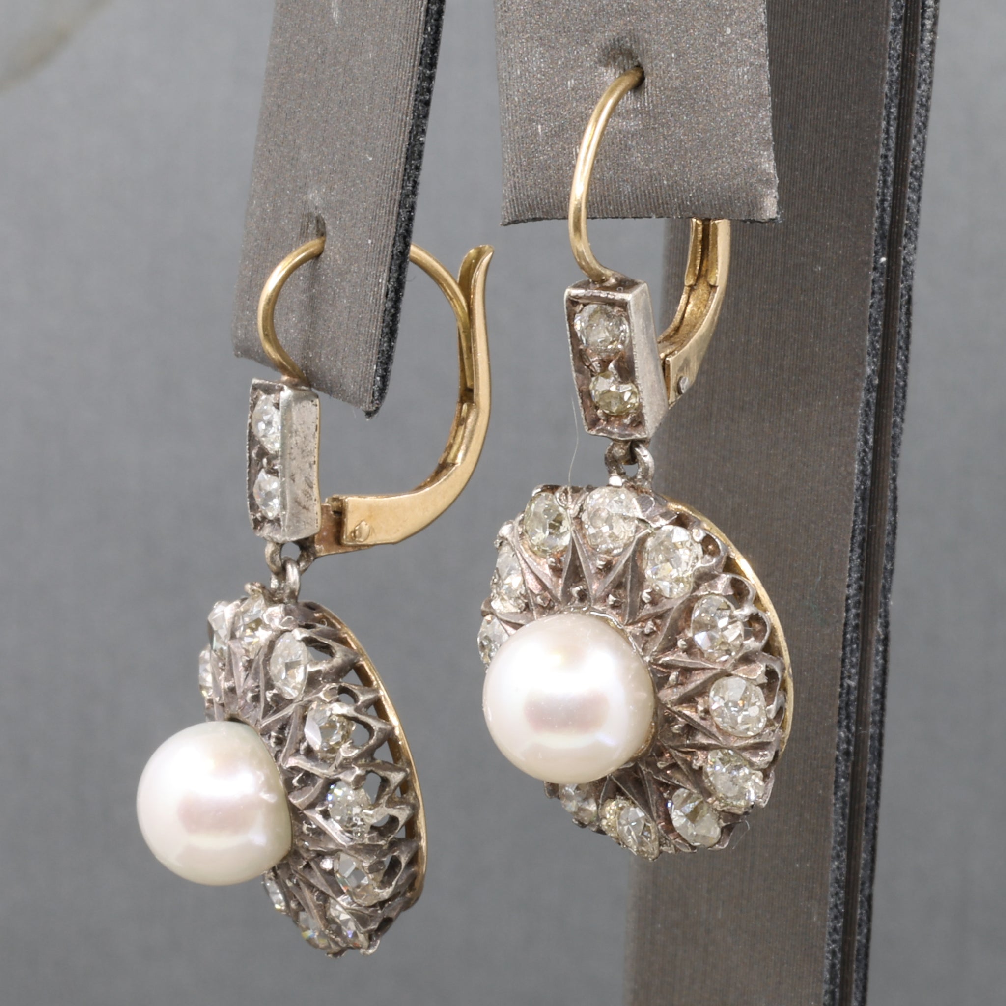 Edwardian Pearl and Old Cut Diamond Dangle Earrings in 18k and Platinum