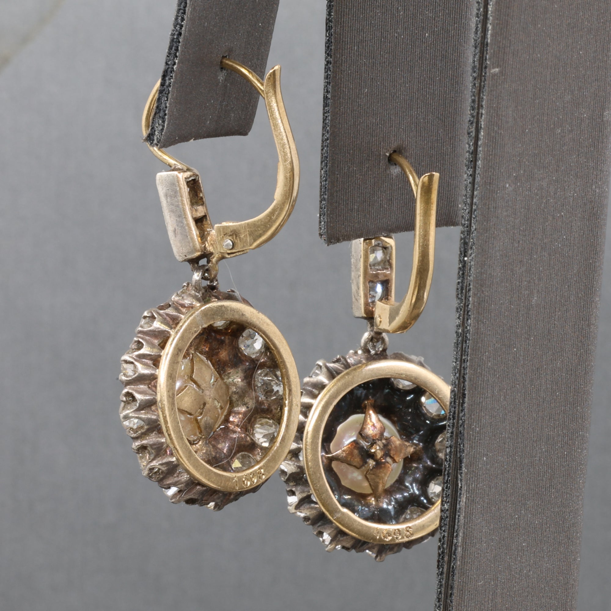 Edwardian Pearl and Old Cut Diamond Dangle Earrings in 18k and Platinum