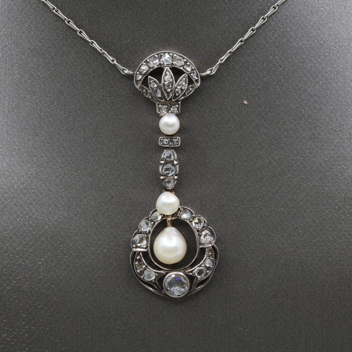 Antique Victorian Pearl and Rose Cut Diamond Necklace in 18k and Silver