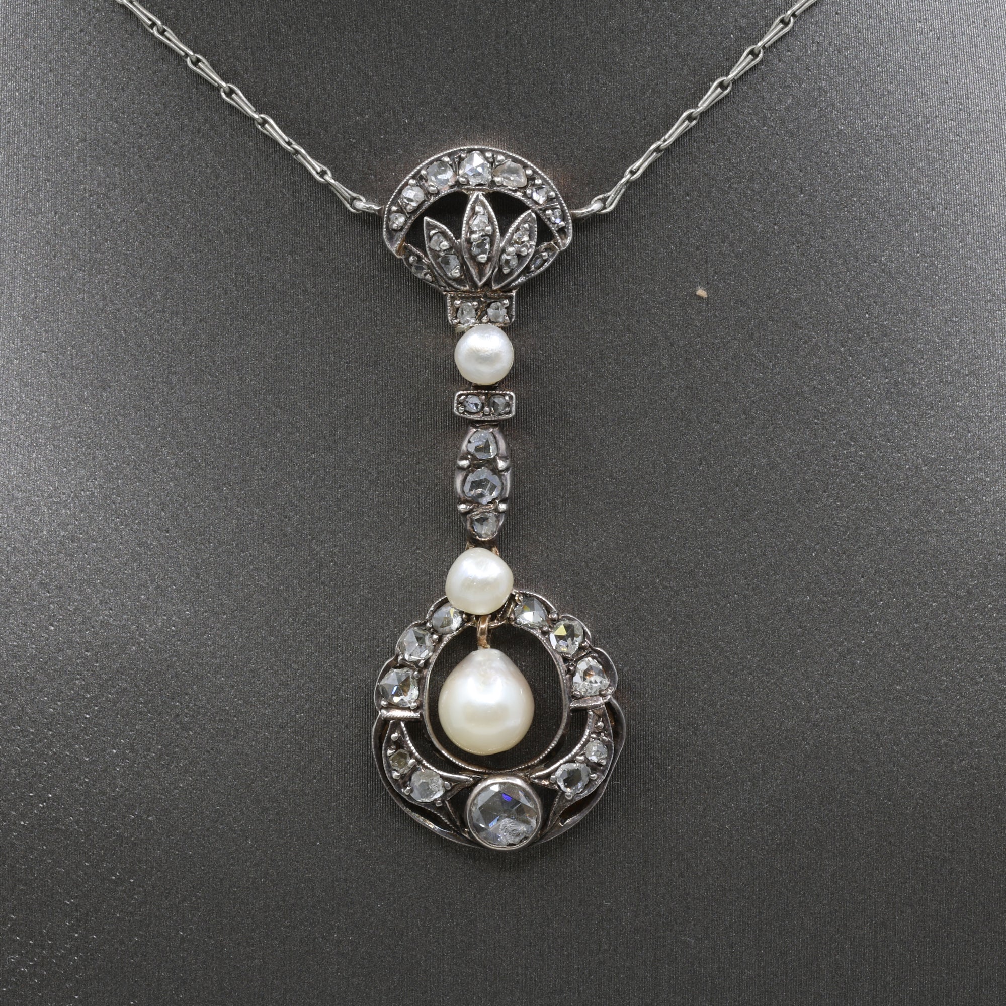 Antique Victorian Pearl and Rose Cut Diamond Necklace in 18k and Silver