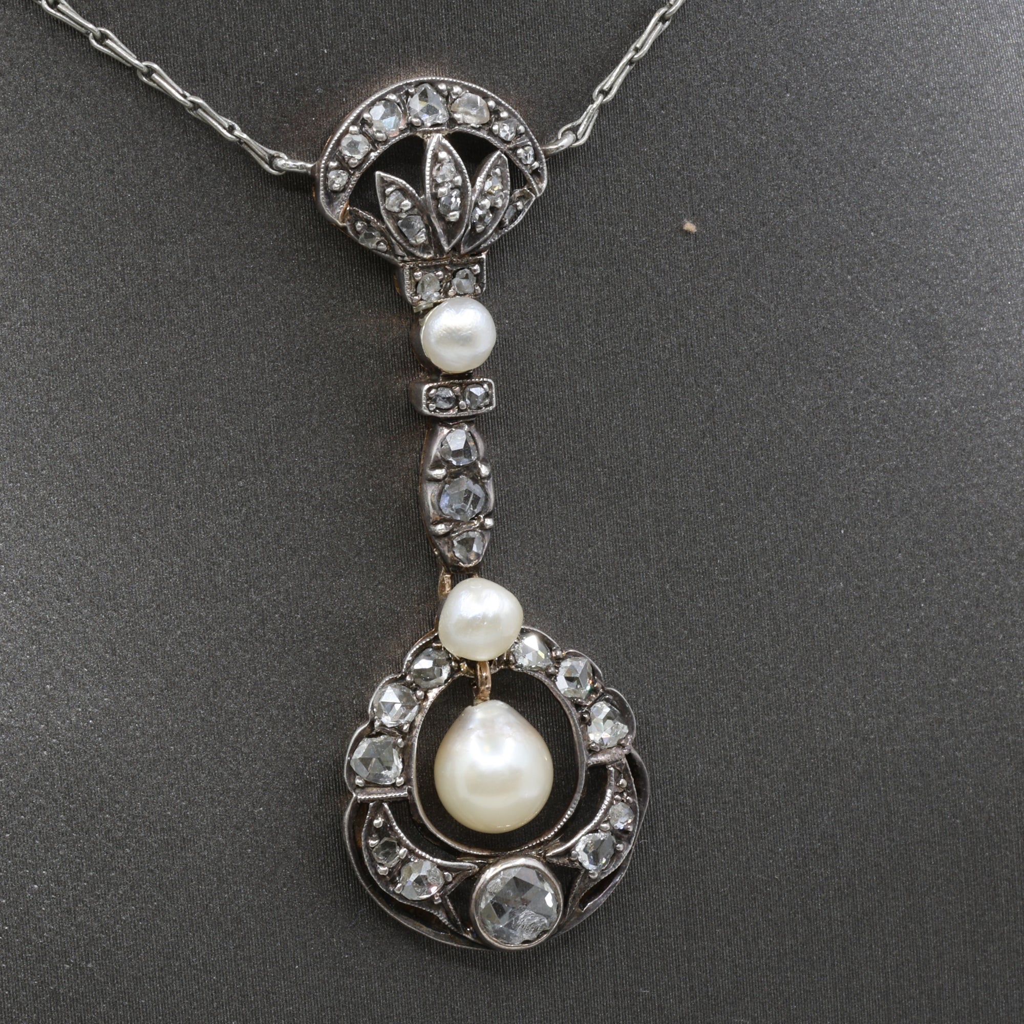 Antique Victorian Pearl and Rose Cut Diamond Necklace in 18k and Silver