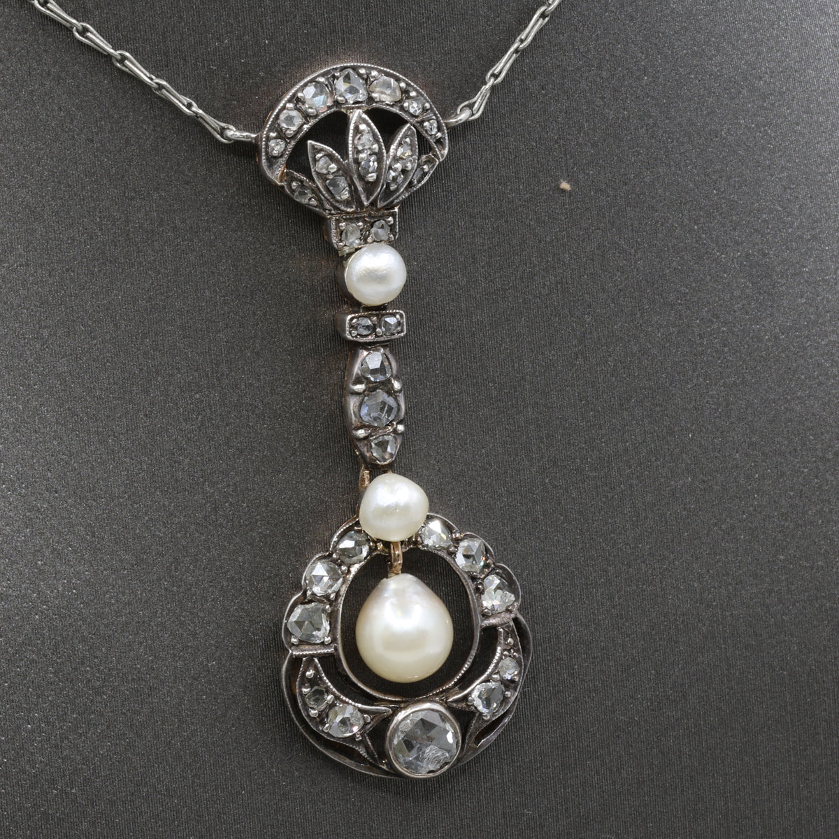 Antique Victorian Pearl and Rose Cut Diamond Necklace in 18k and Silver