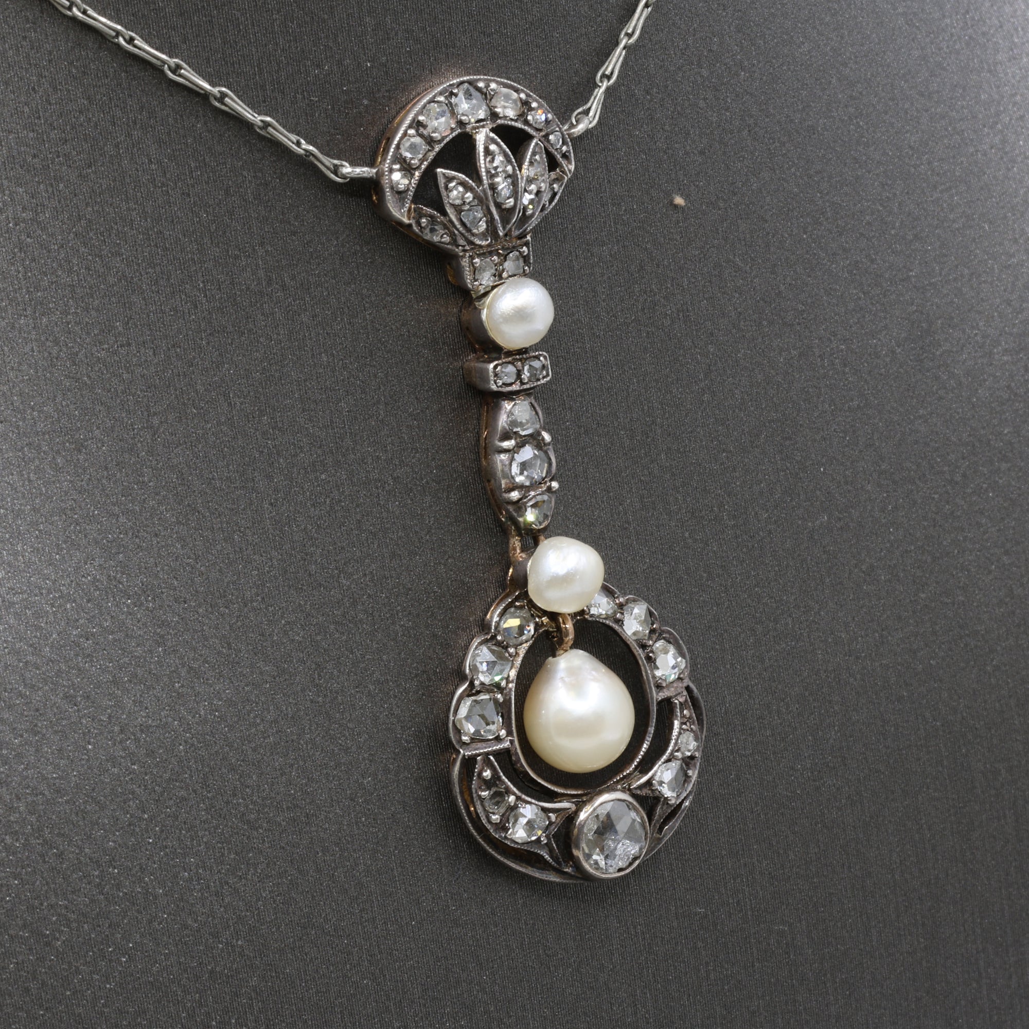 Antique Victorian Pearl and Rose Cut Diamond Necklace in 18k and Silver