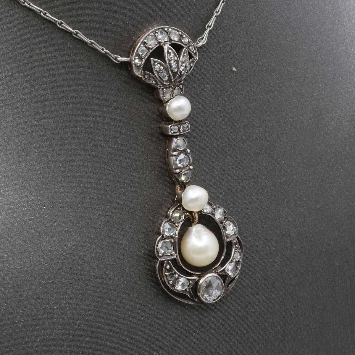 Antique Victorian Pearl and Rose Cut Diamond Necklace in 18k and Silver