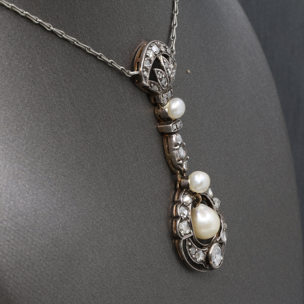 Antique Victorian Pearl and Rose Cut Diamond Necklace in 18k and Silver