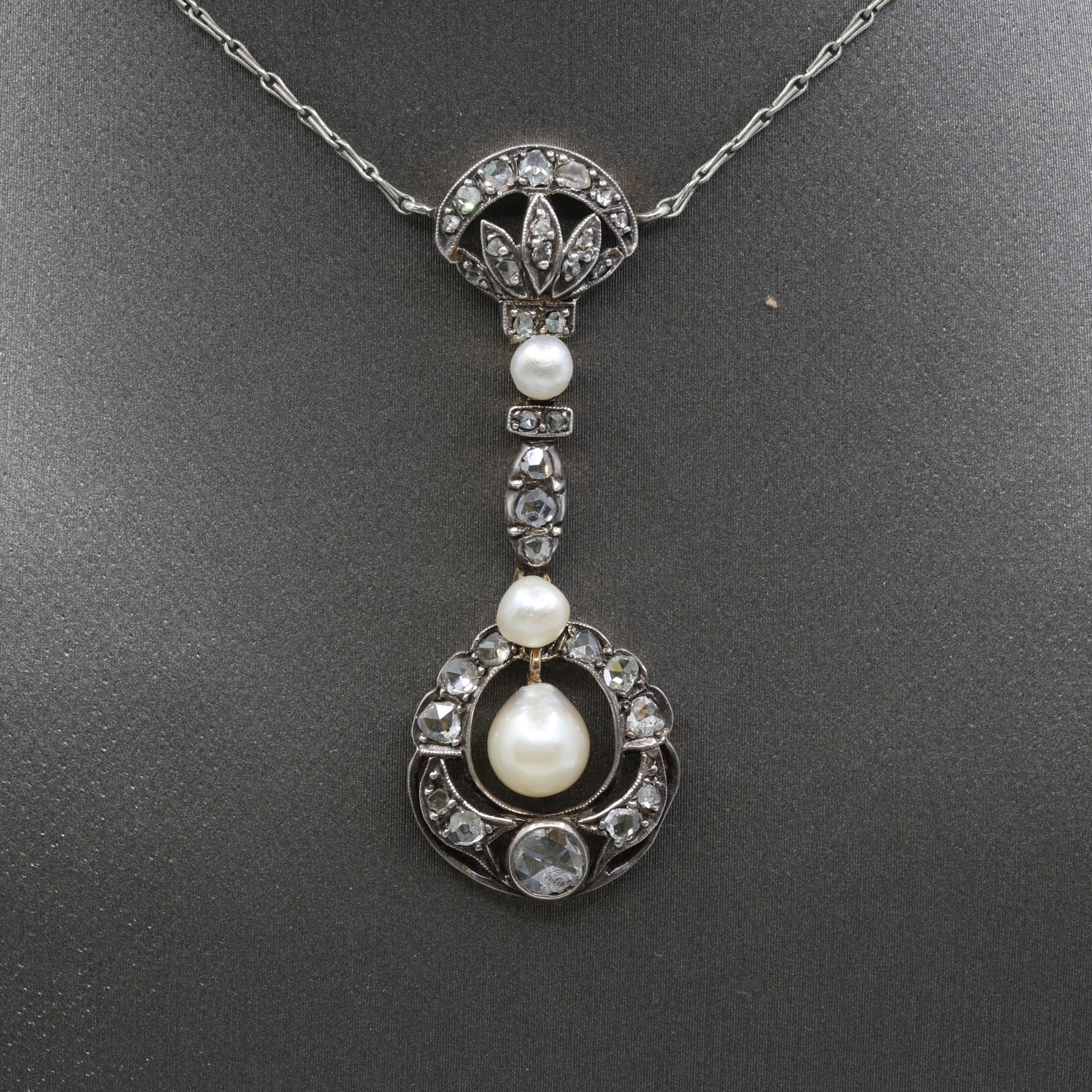 Antique Victorian Pearl and Rose Cut Diamond Necklace in 18k and Silver