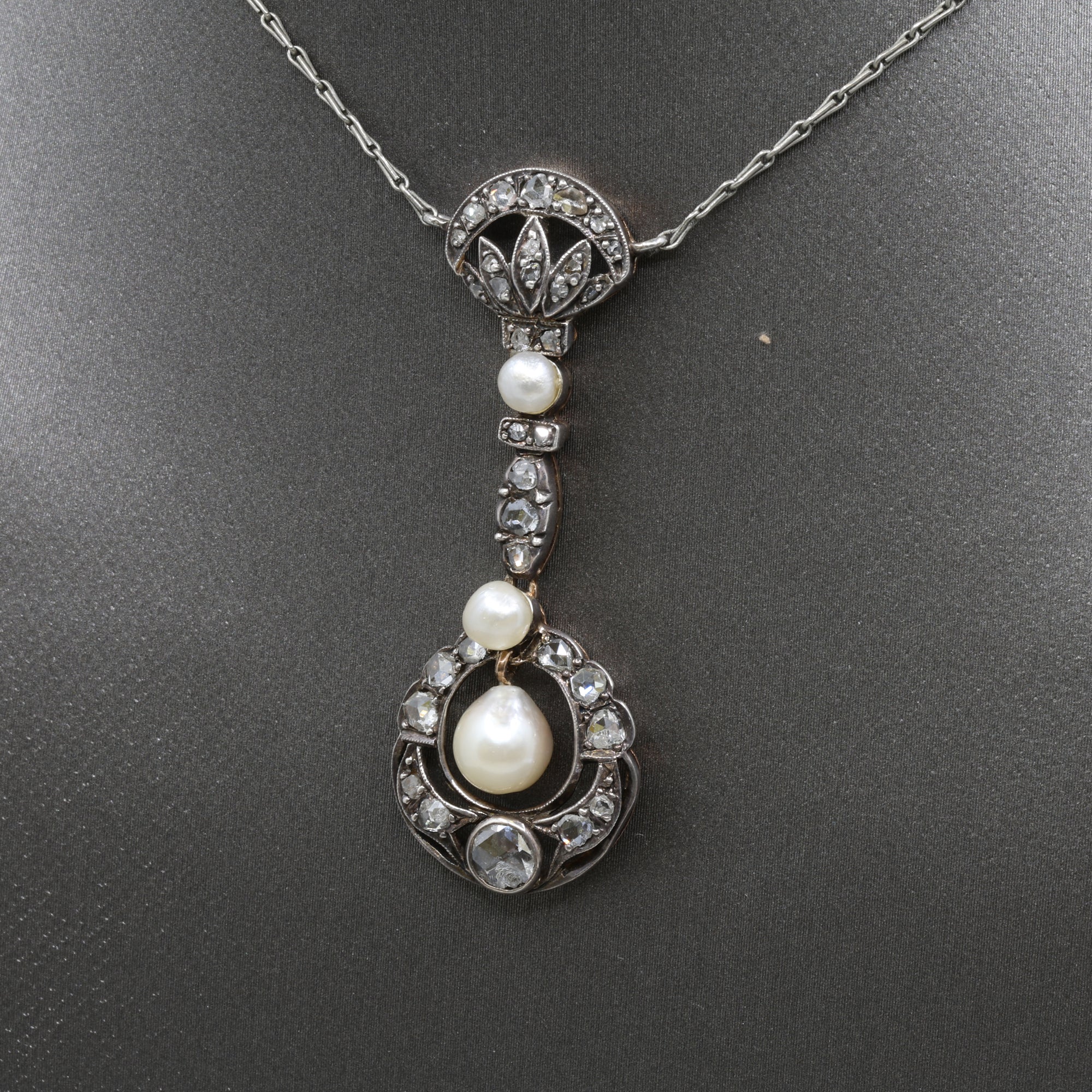 Antique Victorian Pearl and Rose Cut Diamond Necklace in 18k and Silver