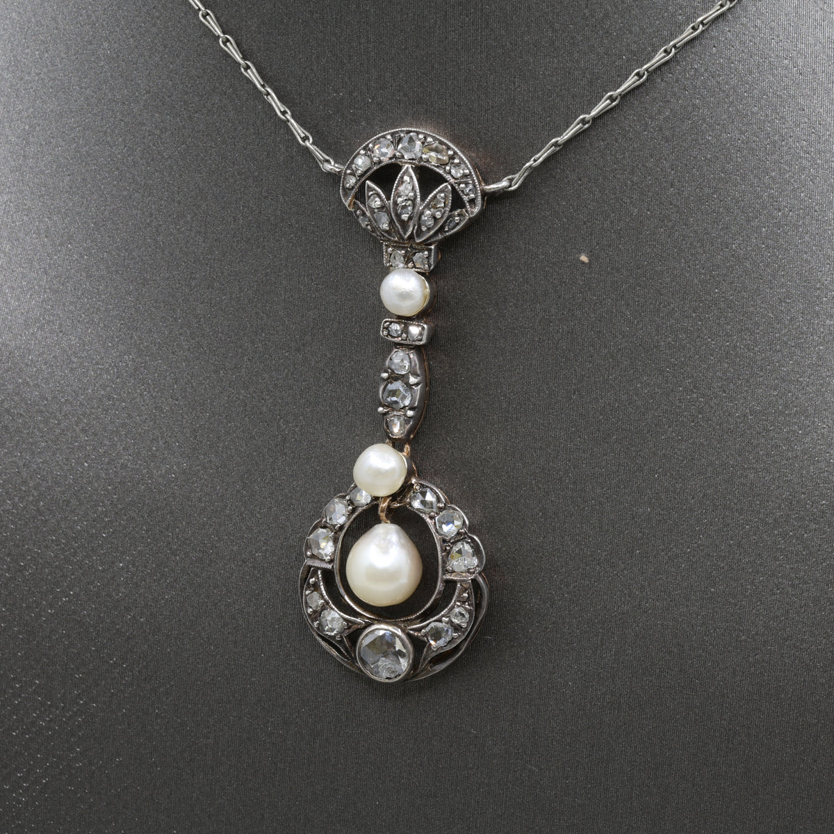 Antique Victorian Pearl and Rose Cut Diamond Necklace in 18k and Silver