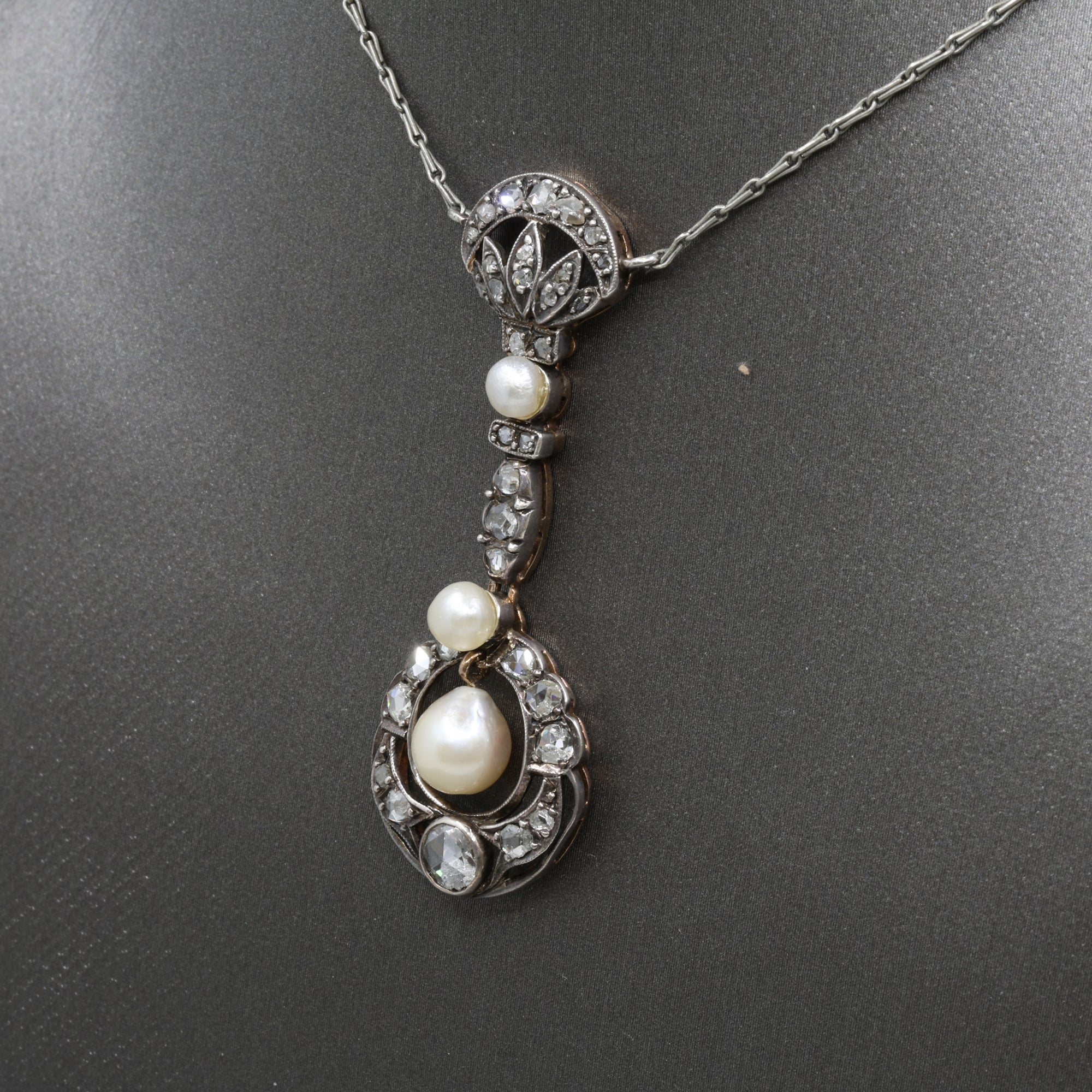 Antique Victorian Pearl and Rose Cut Diamond Necklace in 18k and Silver