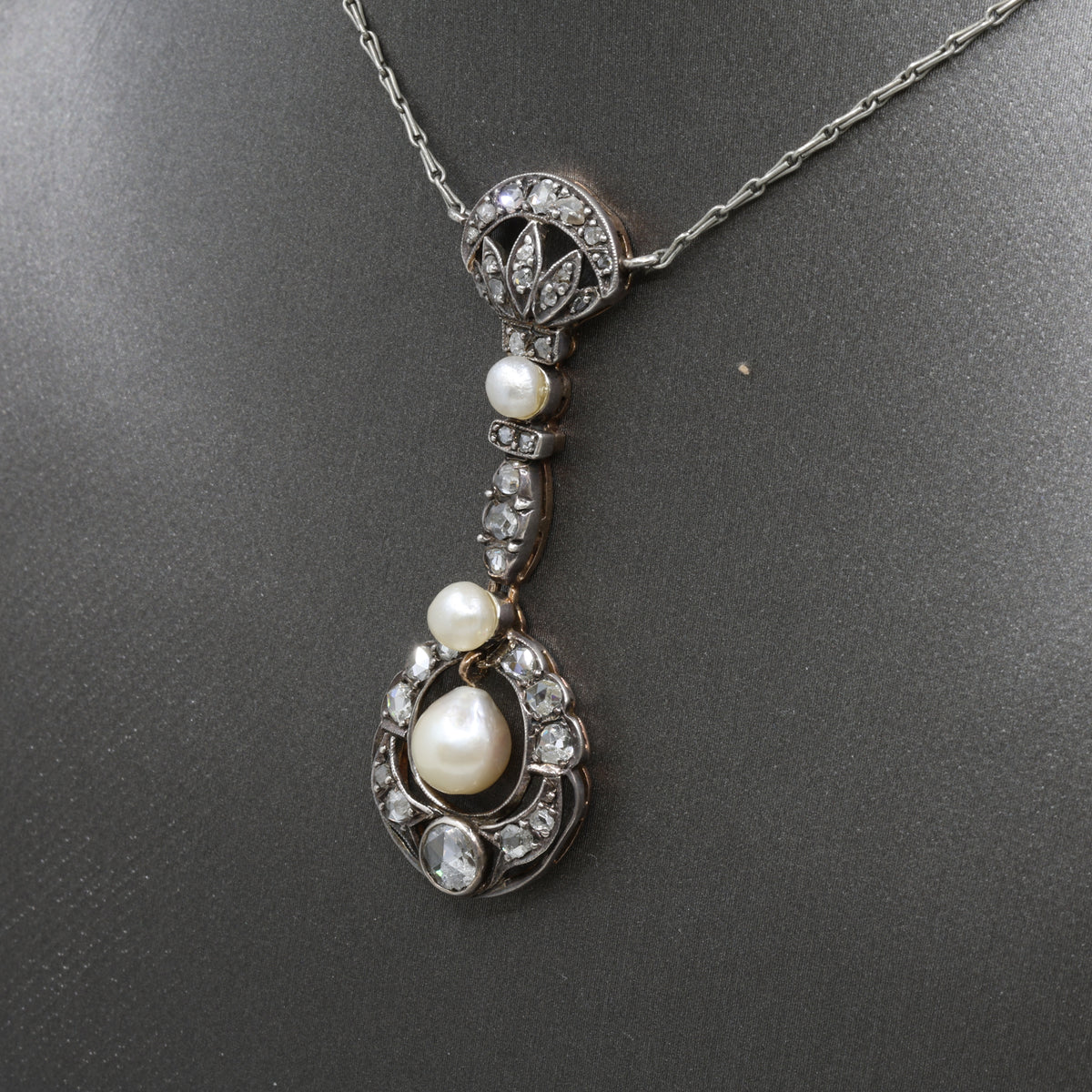 Antique Victorian Pearl and Rose Cut Diamond Necklace in 18k and Silver