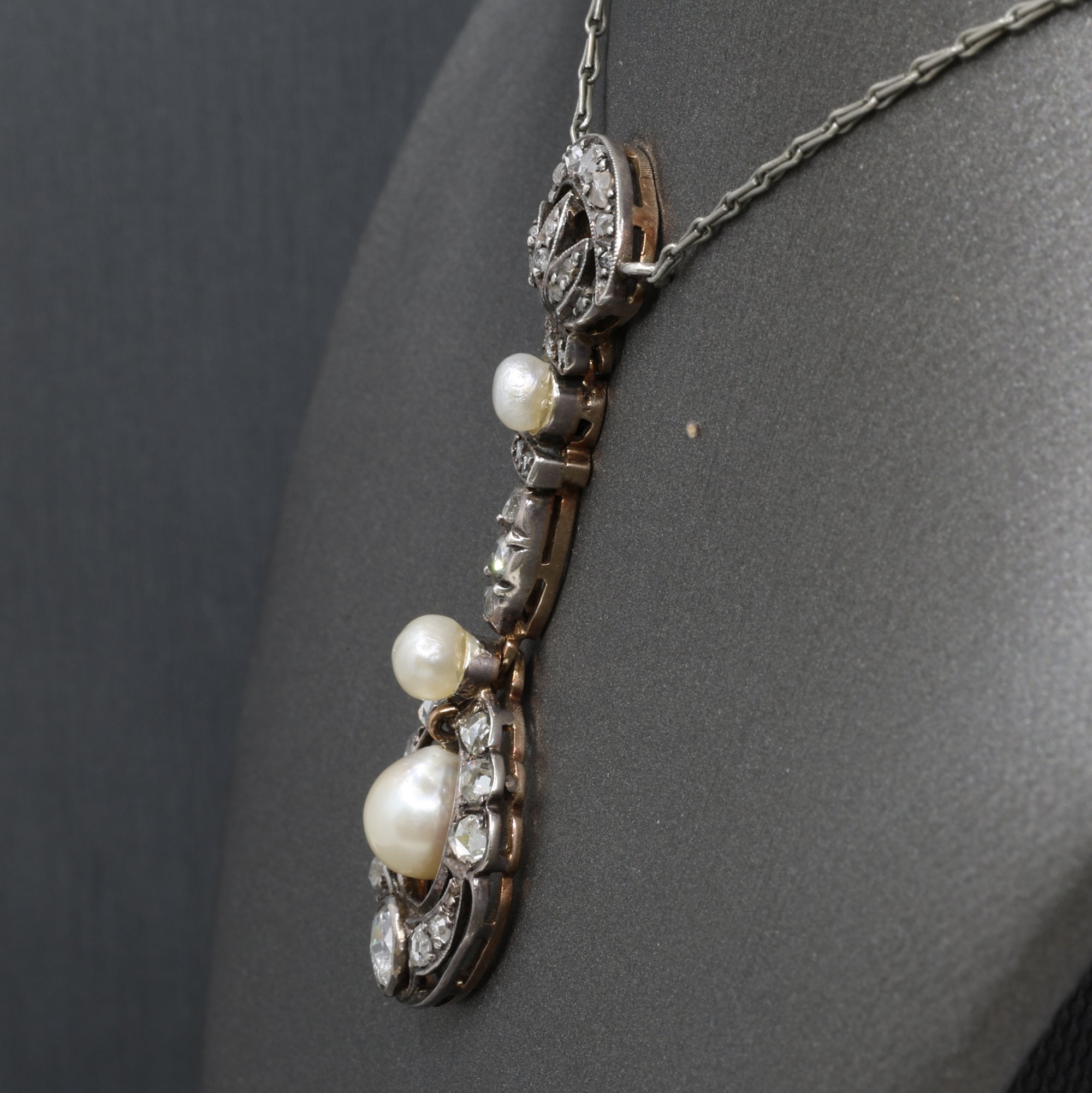 Antique Victorian Pearl and Rose Cut Diamond Necklace in 18k and Silver