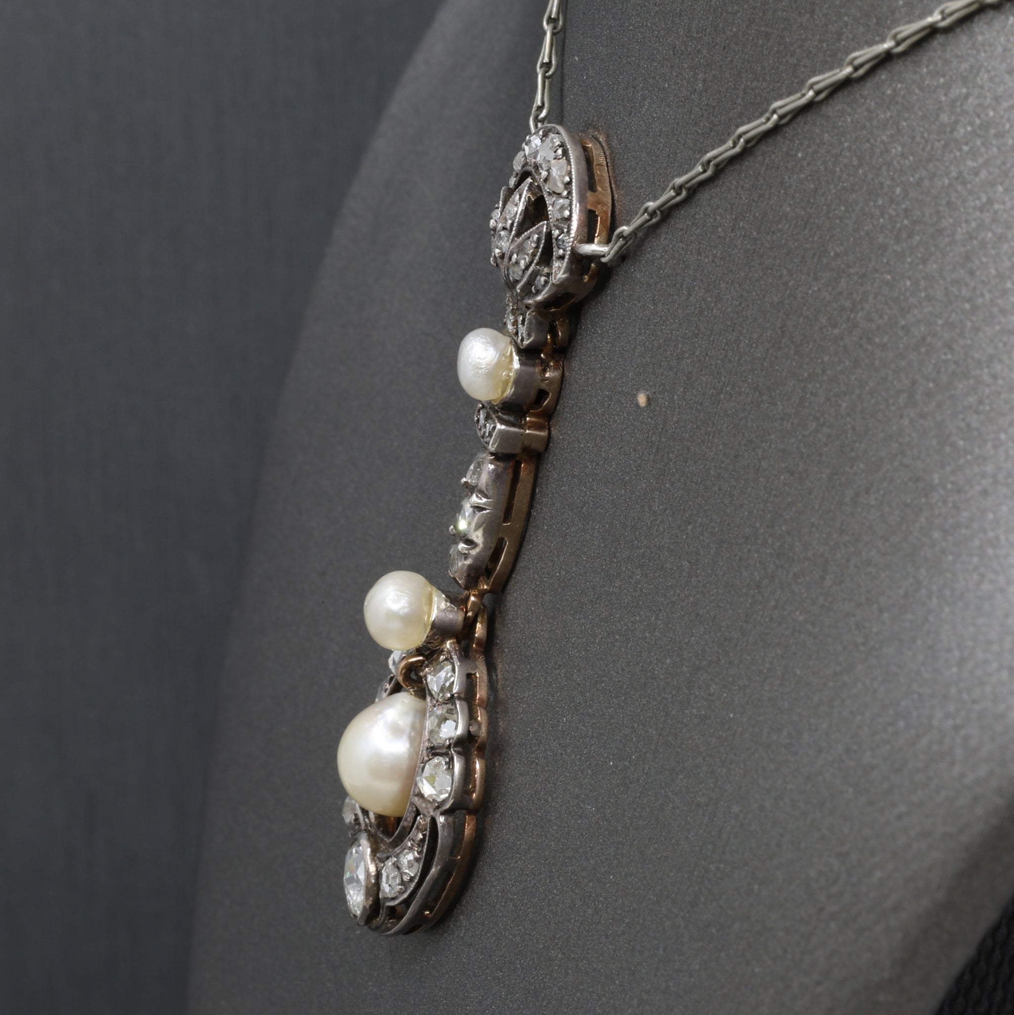 Antique Victorian Pearl and Rose Cut Diamond Necklace in 18k and Silver