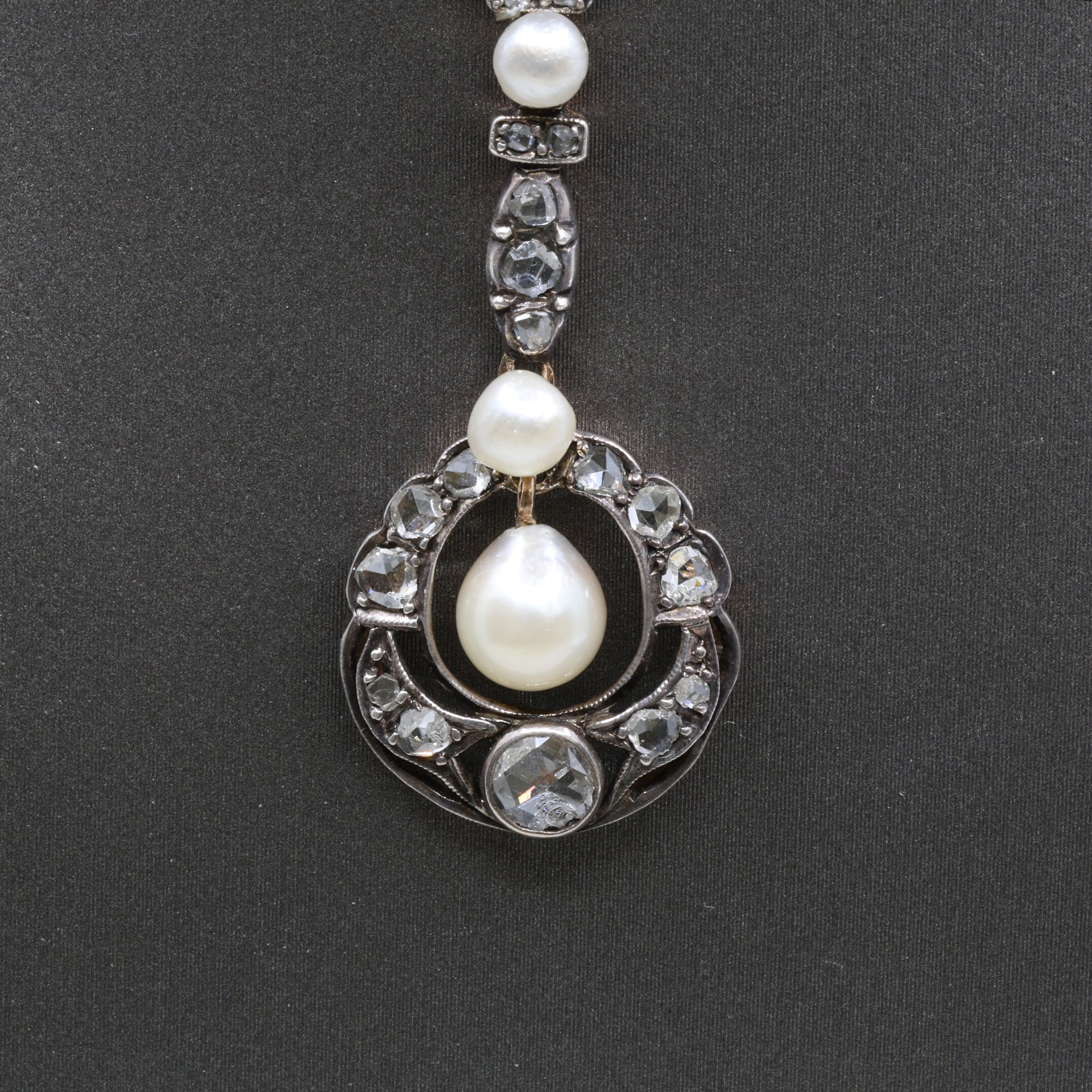 Antique Victorian Pearl and Rose Cut Diamond Necklace in 18k and Silver